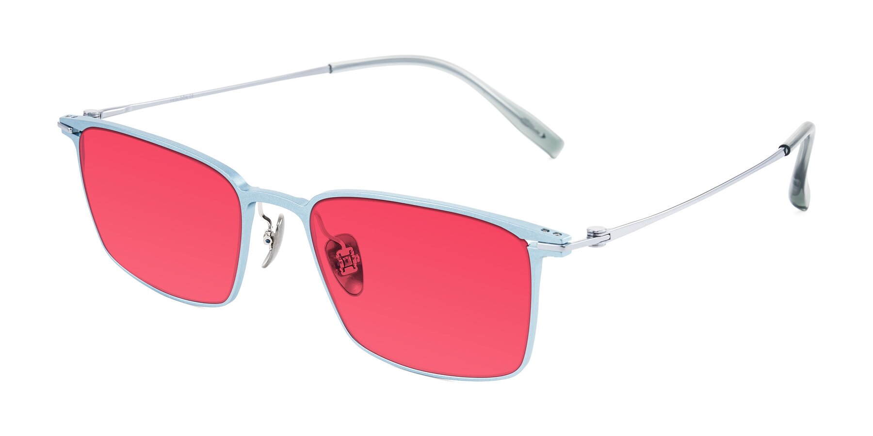 Angle of Ayla in Pastel Blue/Silver with Red Tinted Lenses