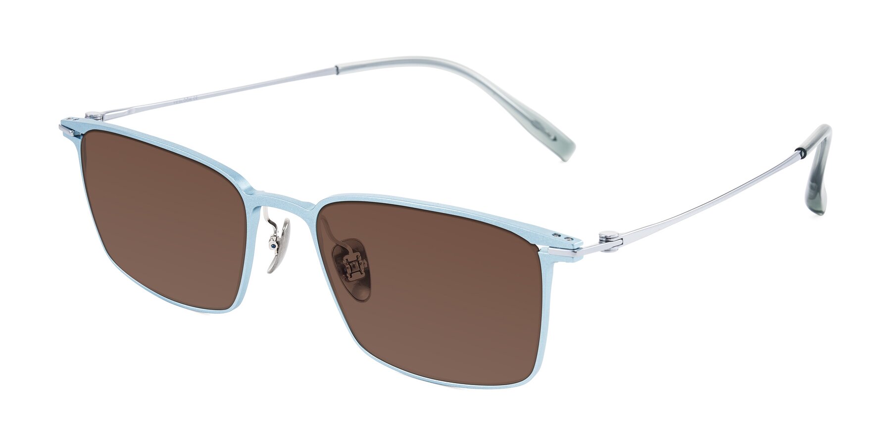 Angle of Ayla in Pastel Blue/Silver with Brown Tinted Lenses