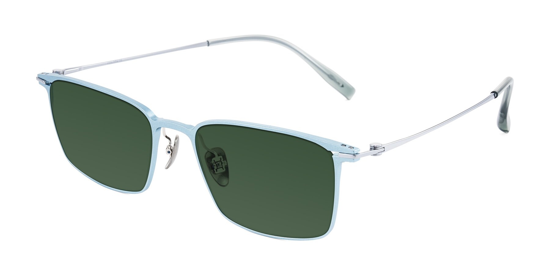 Angle of Ayla in Pastel Blue/Silver with Green Tinted Lenses