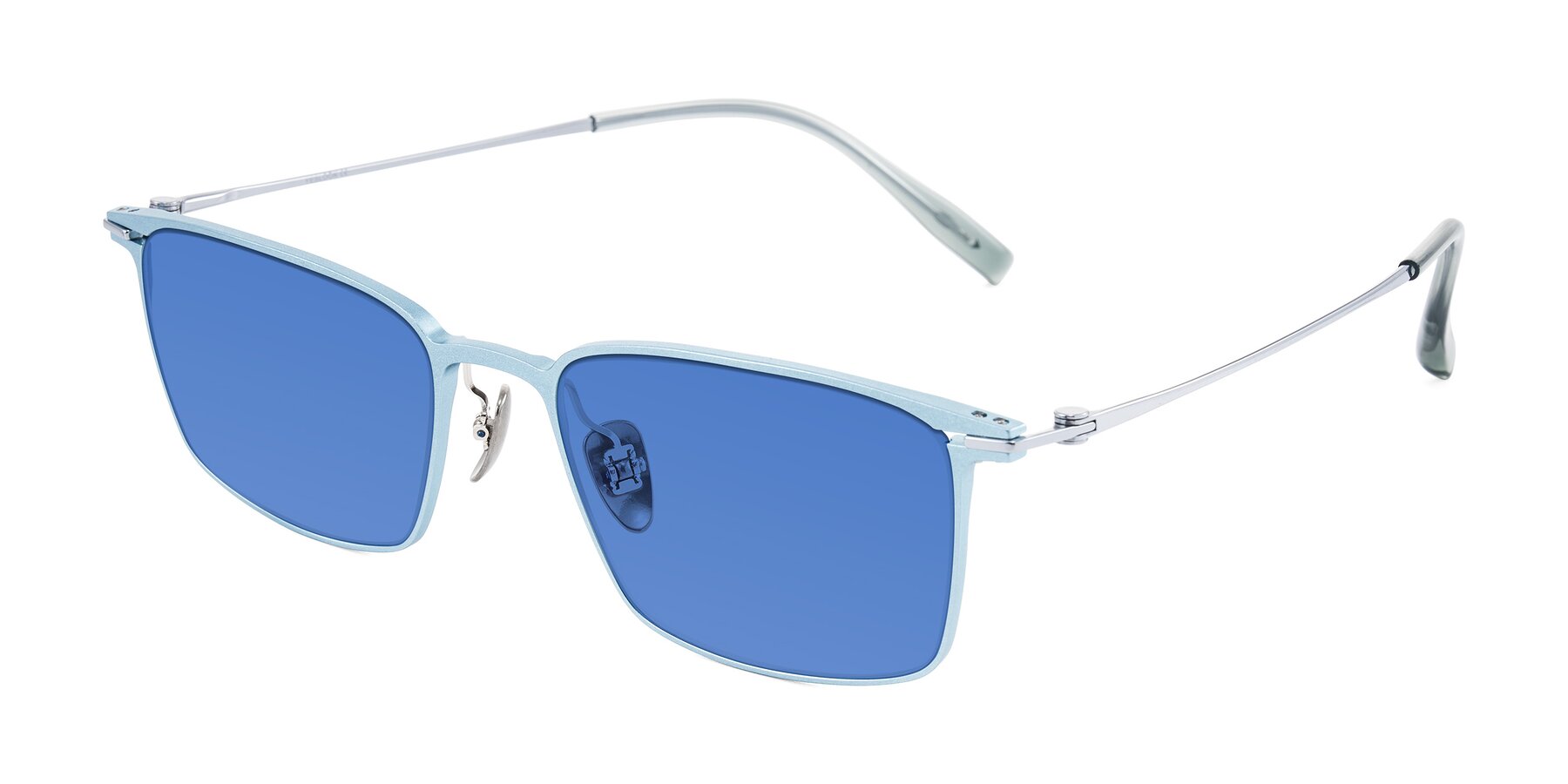 Angle of Ayla in Pastel Blue/Silver with Blue Tinted Lenses