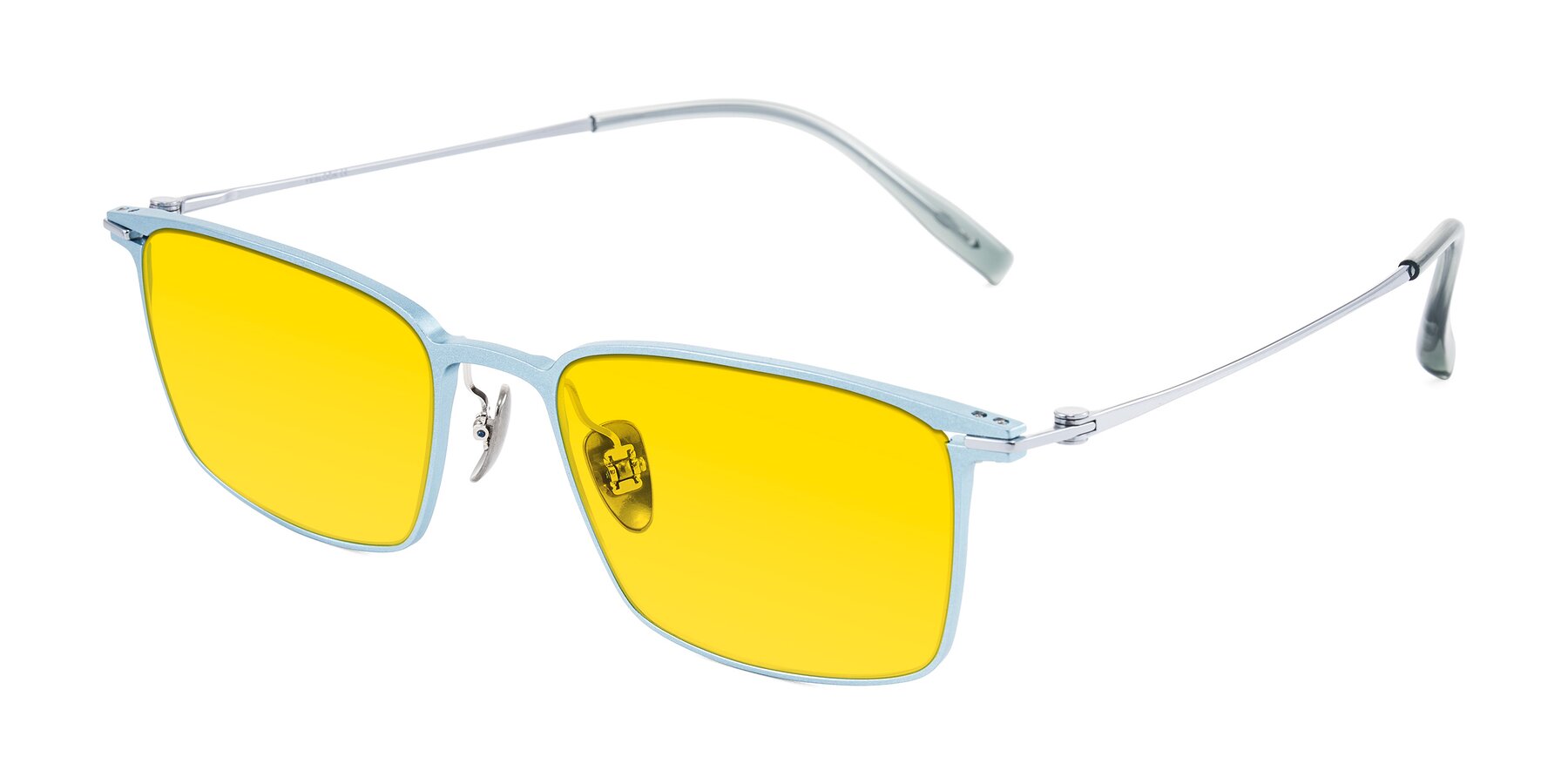 Angle of Ayla in Pastel Blue/Silver with Yellow Tinted Lenses