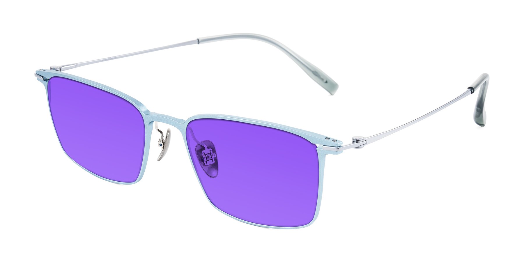 Angle of Ayla in Pastel Blue/Silver with Purple Tinted Lenses