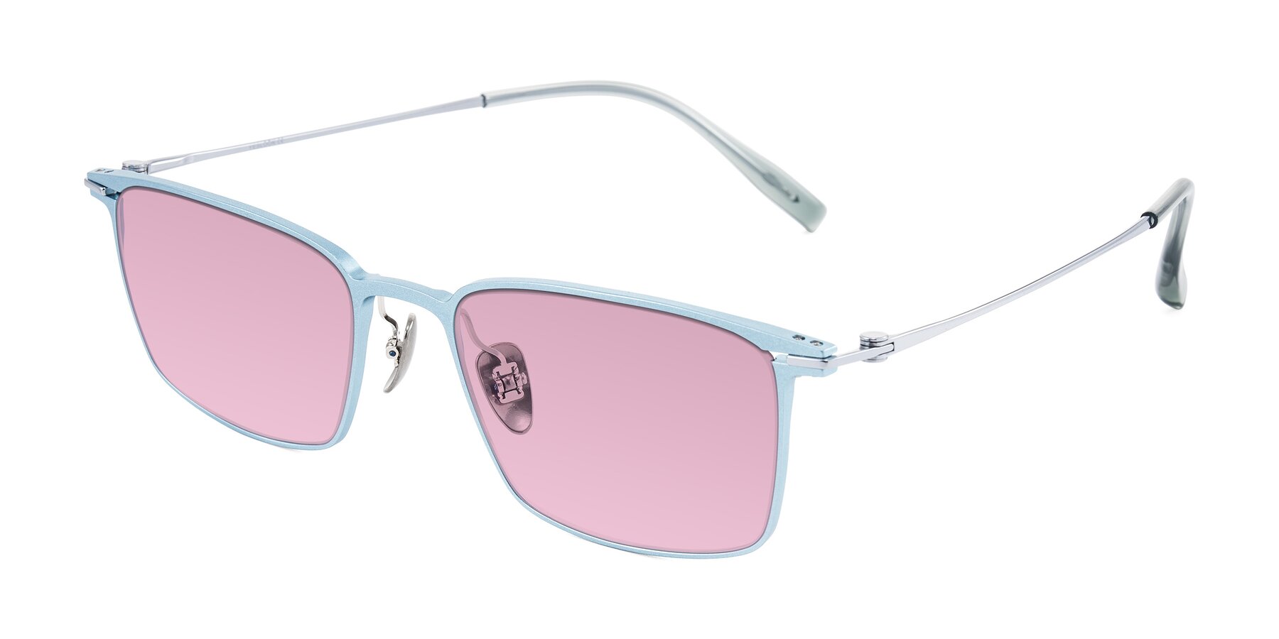 Angle of Ayla in Pastel Blue/Silver with Light Wine Tinted Lenses