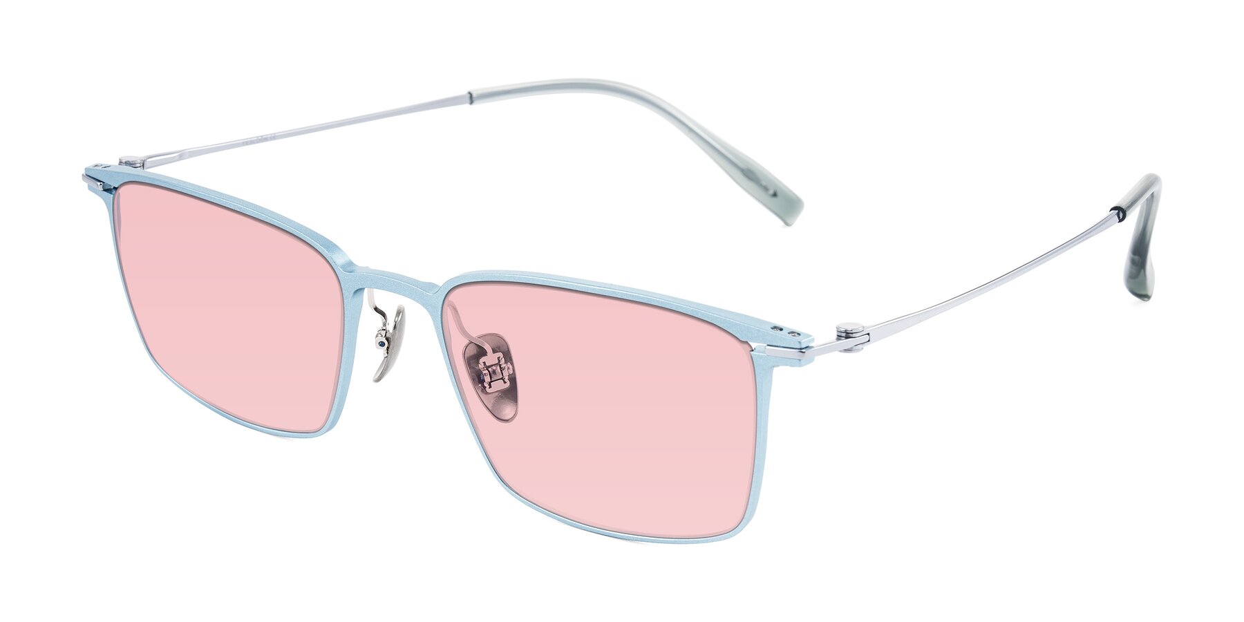 Angle of Ayla in Pastel Blue/Silver with Light Garnet Tinted Lenses