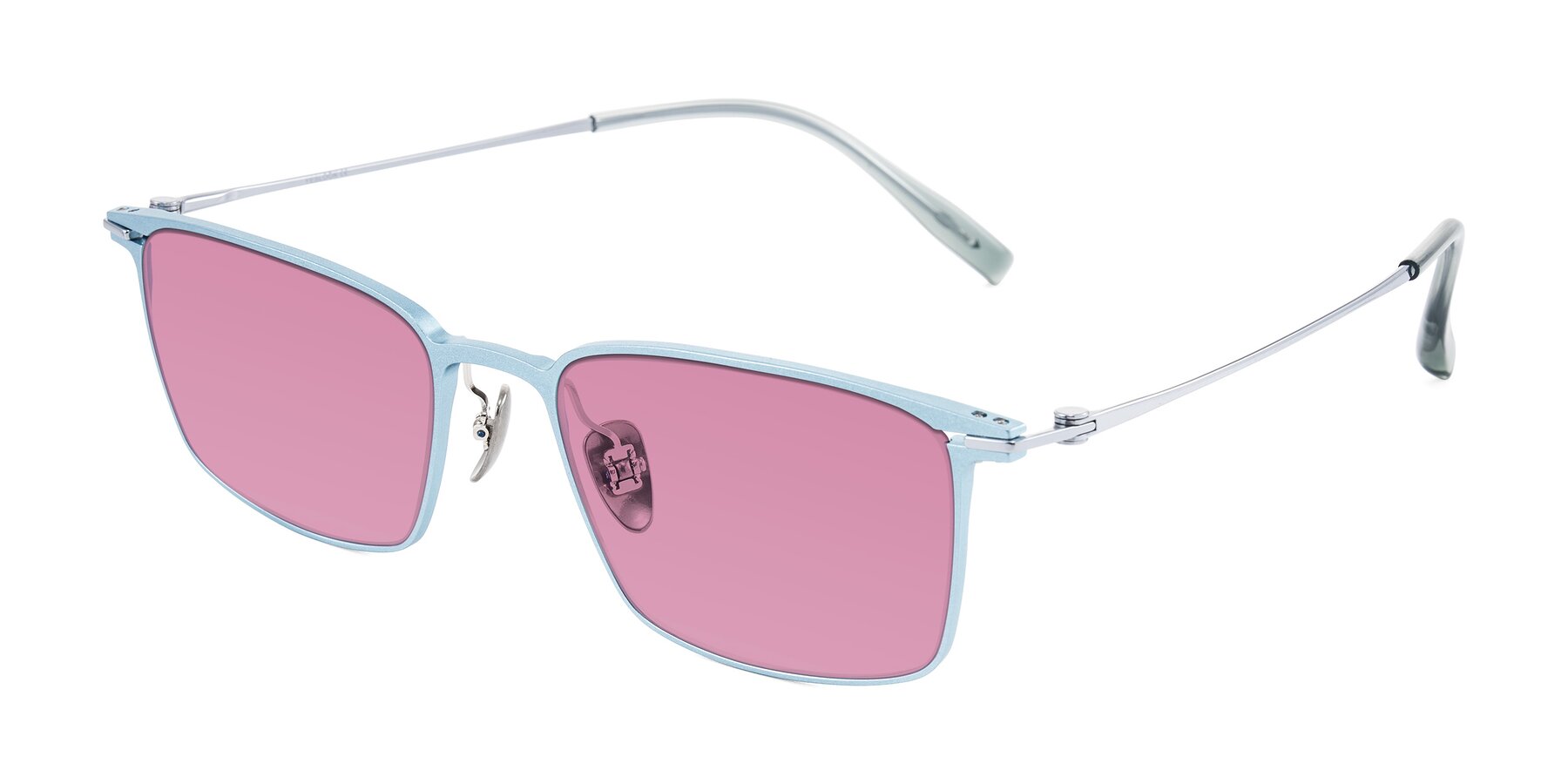 Angle of Ayla in Pastel Blue/Silver with Medium Wine Tinted Lenses