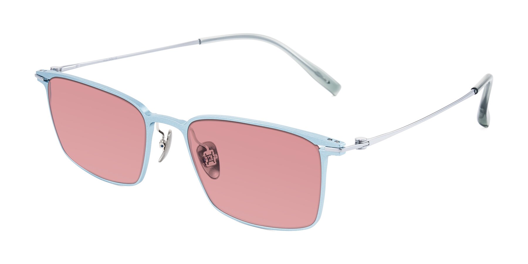 Angle of Ayla in Pastel Blue/Silver with Medium Garnet Tinted Lenses