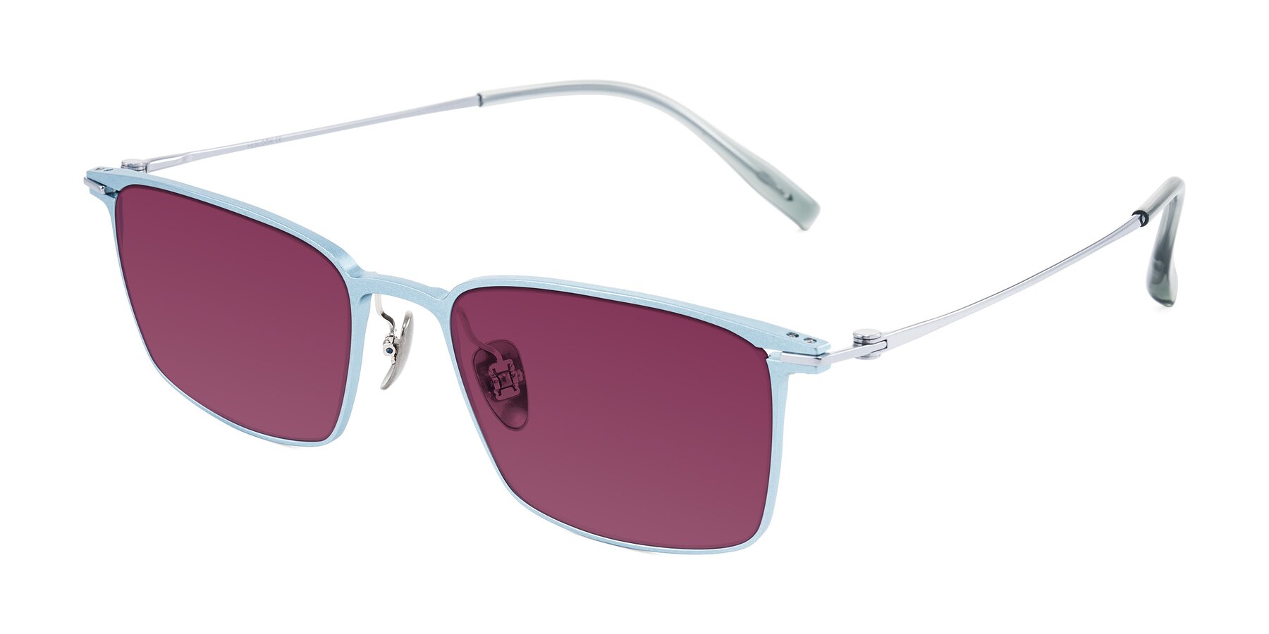 Angle of Ayla in Pastel Blue/Silver with Wine Tinted Lenses
