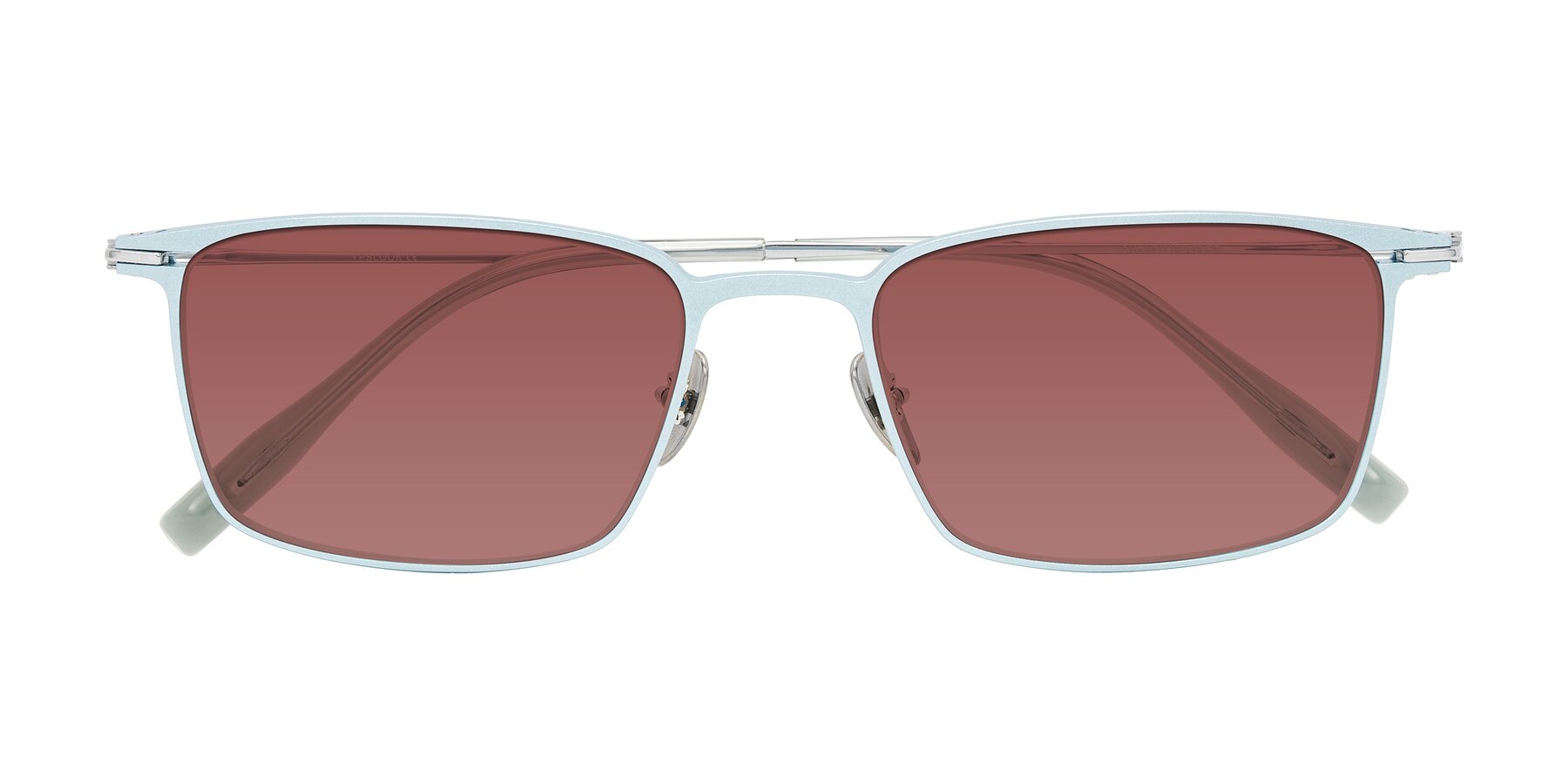 Folded Front of Ayla in Pastel Blue/Silver with Garnet Tinted Lenses