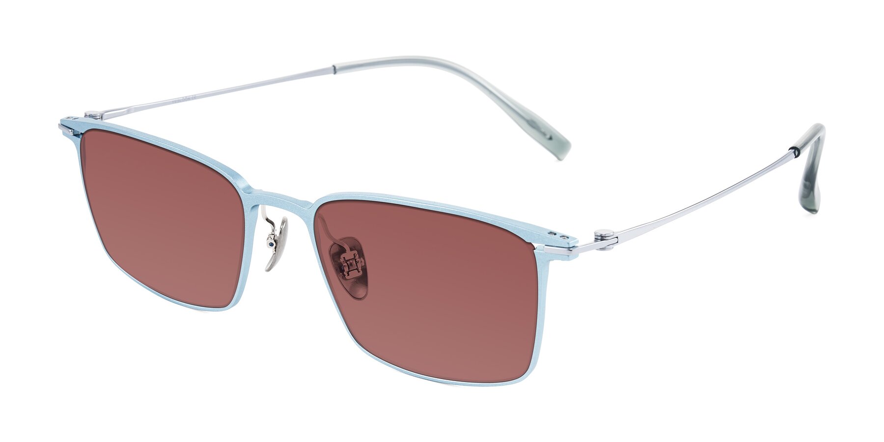 Angle of Ayla in Pastel Blue/Silver with Garnet Tinted Lenses