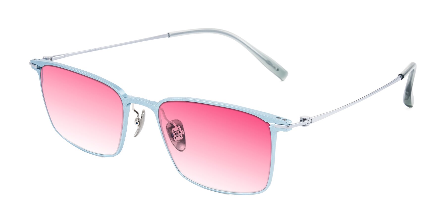 Angle of Ayla in Pastel Blue/Silver with Pink Gradient Lenses