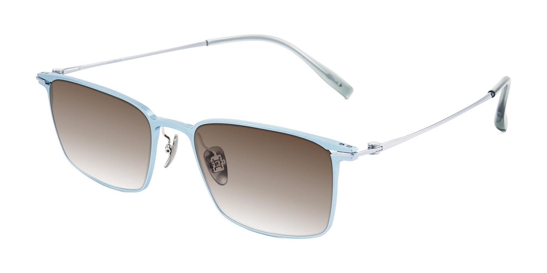 Angle of Ayla in Pastel Blue/Silver with Brown Gradient Lenses