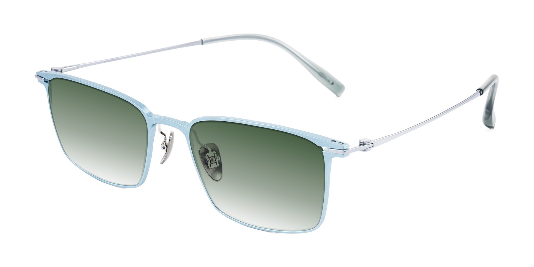 Angle of Ayla in Pastel Blue/Silver with Green Gradient Lenses