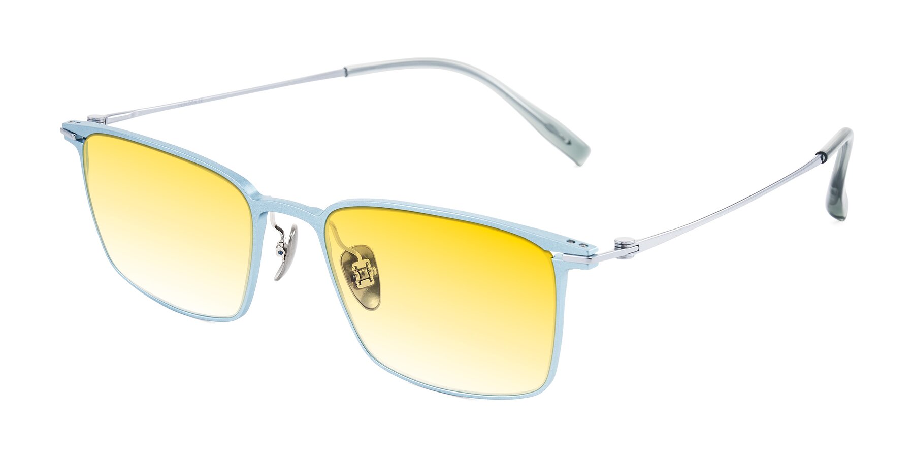 Angle of Ayla in Pastel Blue/Silver with Yellow Gradient Lenses