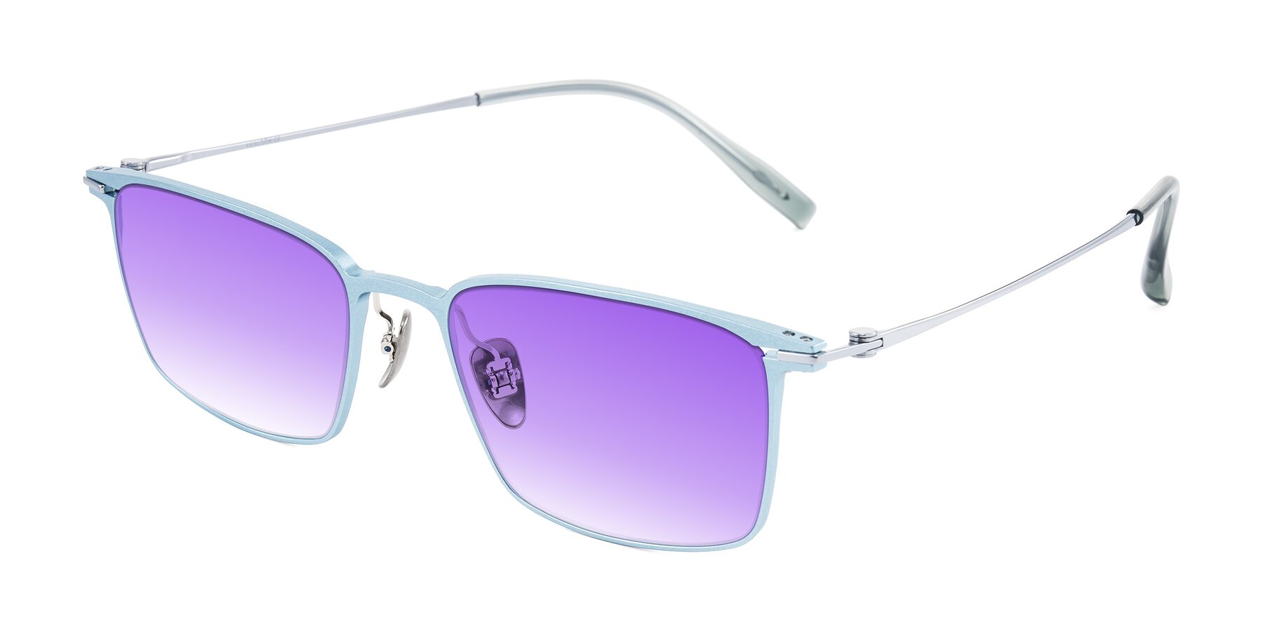 Angle of Ayla in Pastel Blue/Silver with Purple Gradient Lenses