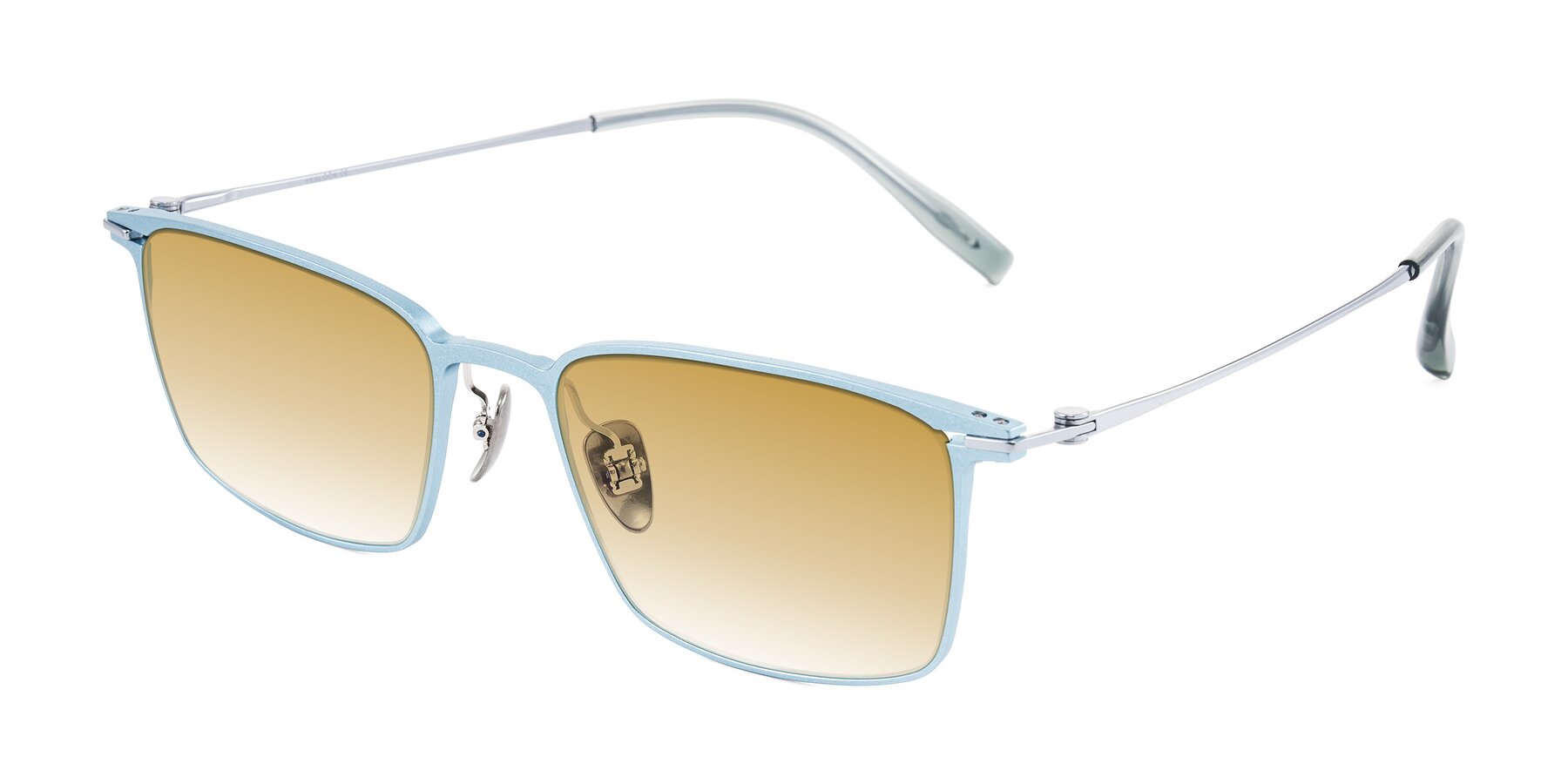 Angle of Ayla in Pastel Blue/Silver with Champagne Gradient Lenses