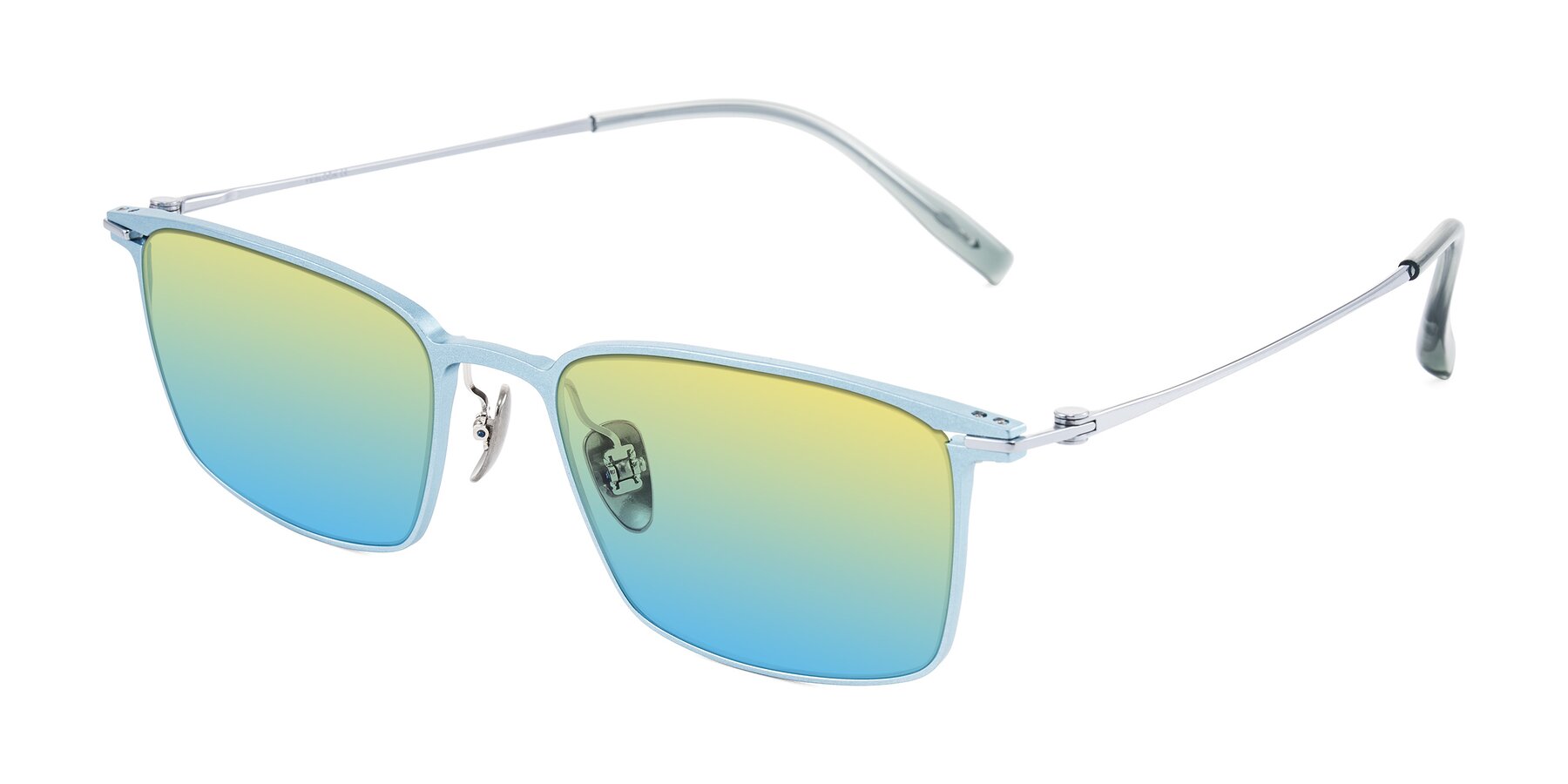 Angle of Ayla in Pastel Blue/Silver with Yellow / Blue Gradient Lenses