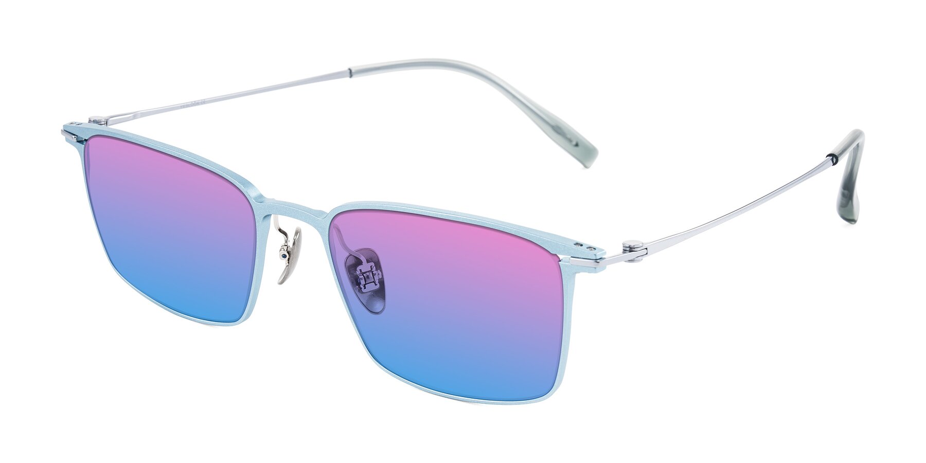 Angle of Ayla in Pastel Blue/Silver with Pink / Blue Gradient Lenses