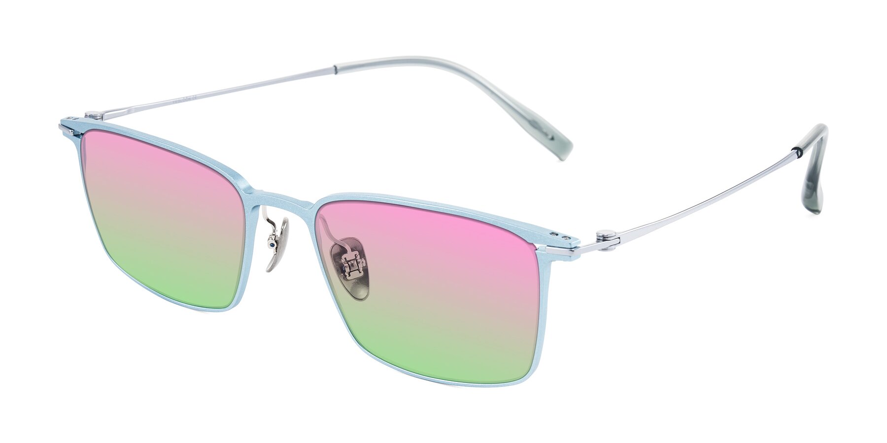 Angle of Ayla in Pastel Blue/Silver with Pink / Green Gradient Lenses