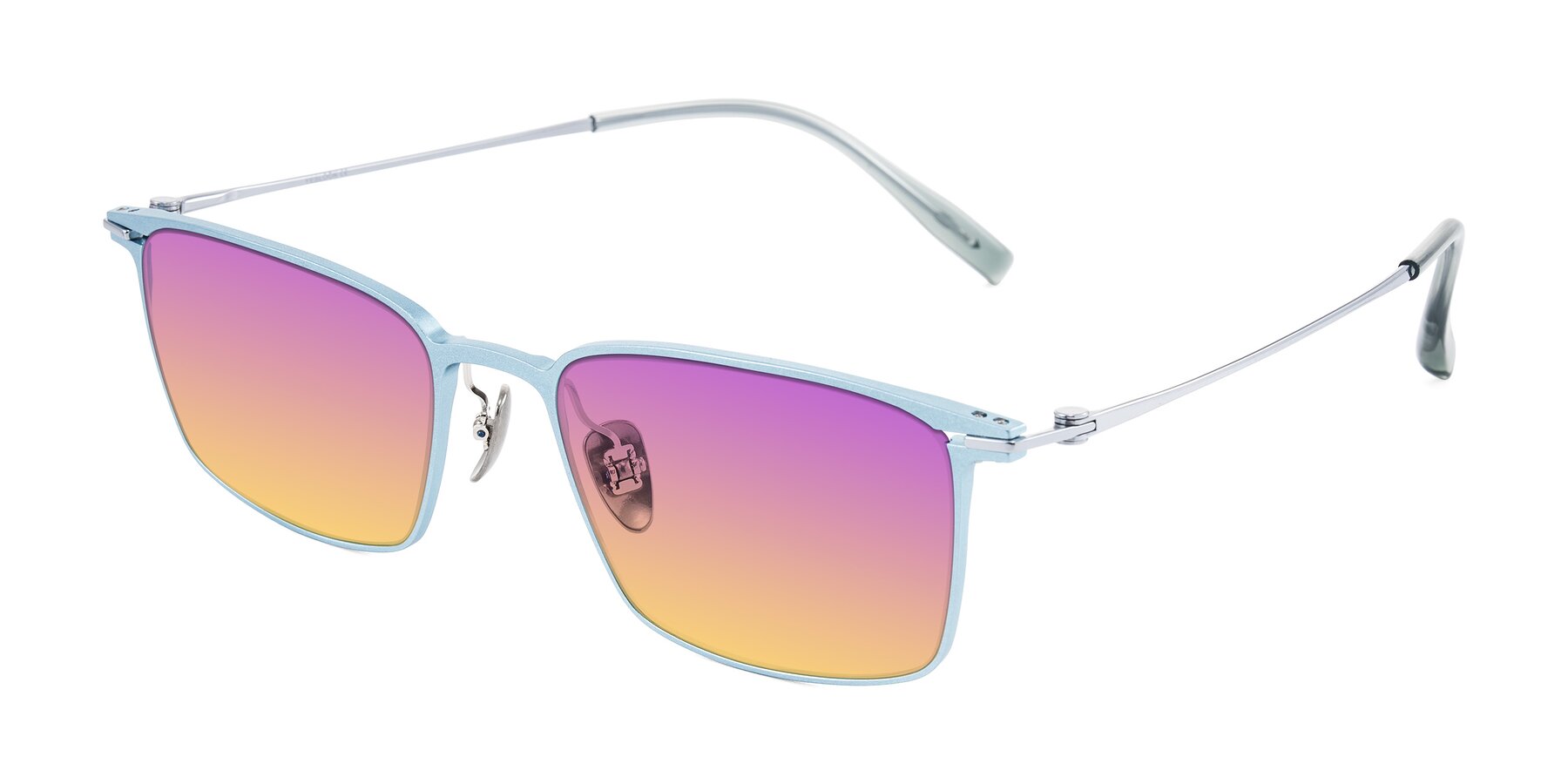Angle of Ayla in Pastel Blue/Silver with Purple / Yellow Gradient Lenses