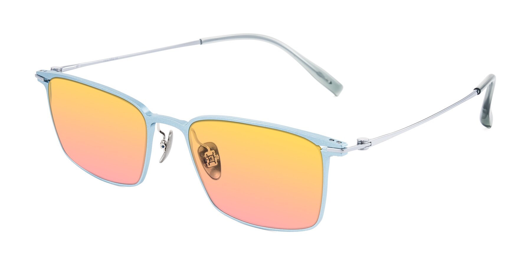 Angle of Ayla in Pastel Blue/Silver with Yellow / Pink Gradient Lenses