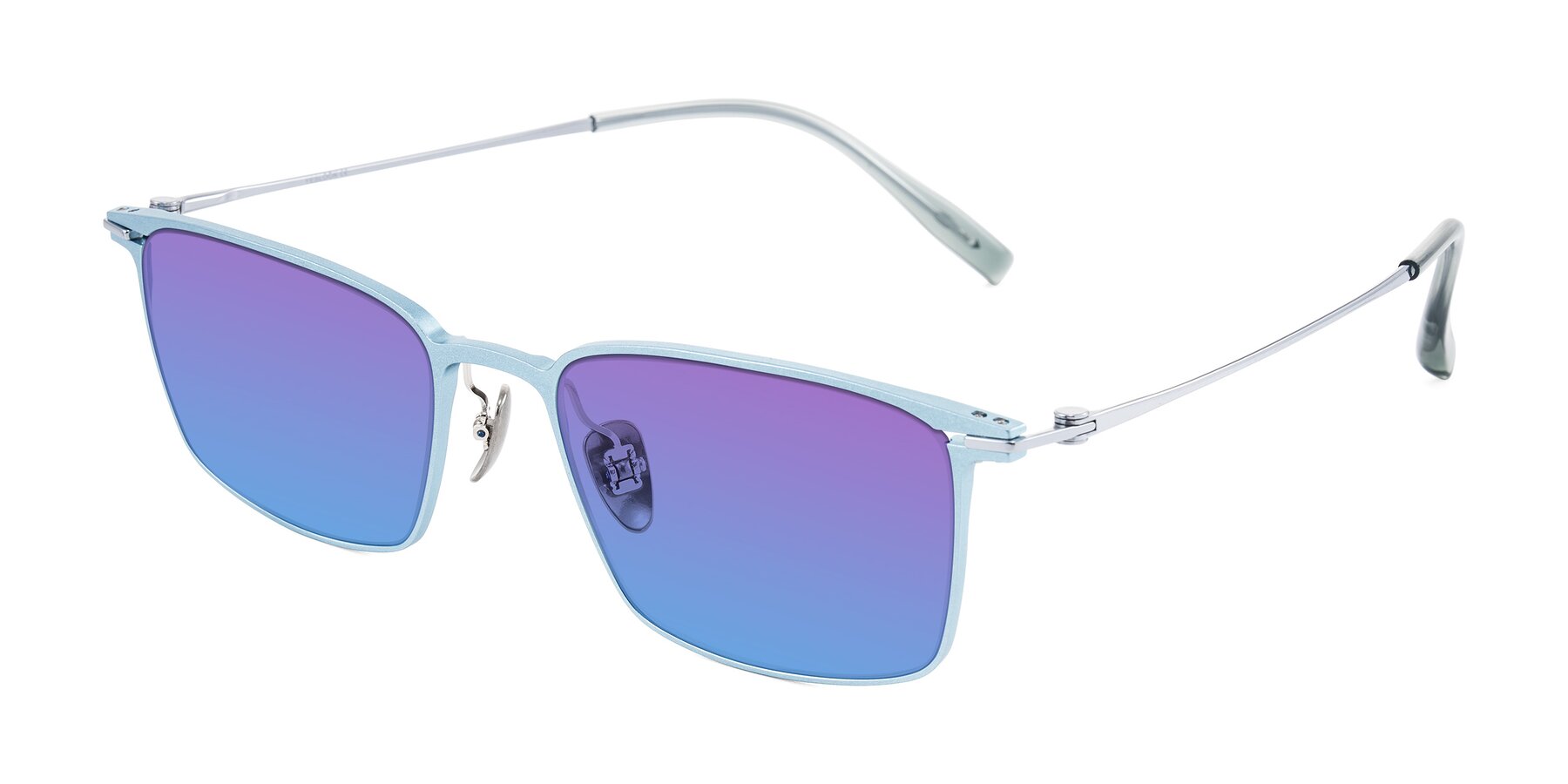 Angle of Ayla in Pastel Blue/Silver with Purple / Blue Gradient Lenses