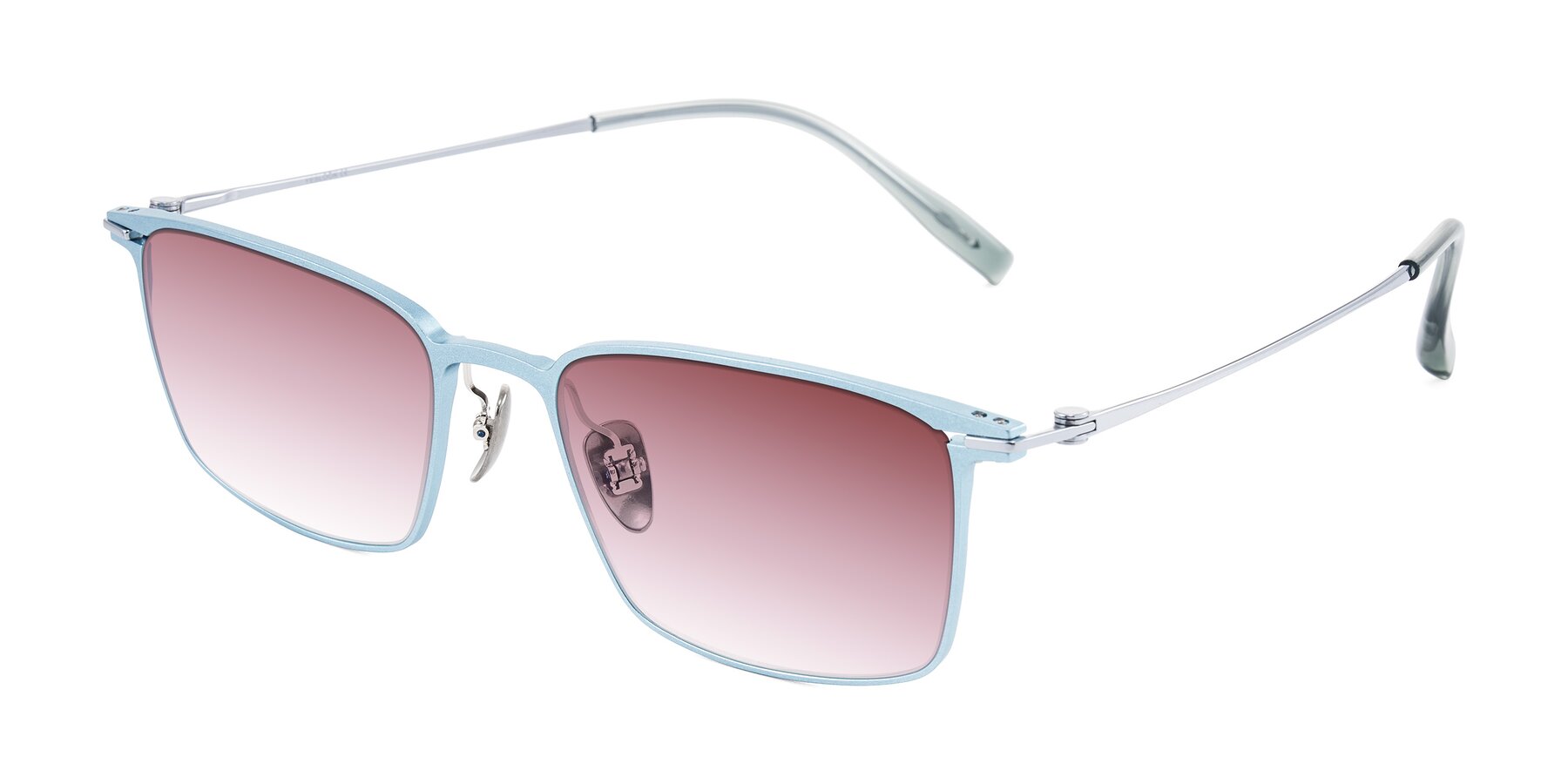 Angle of Ayla in Pastel Blue/Silver with Garnet Gradient Lenses