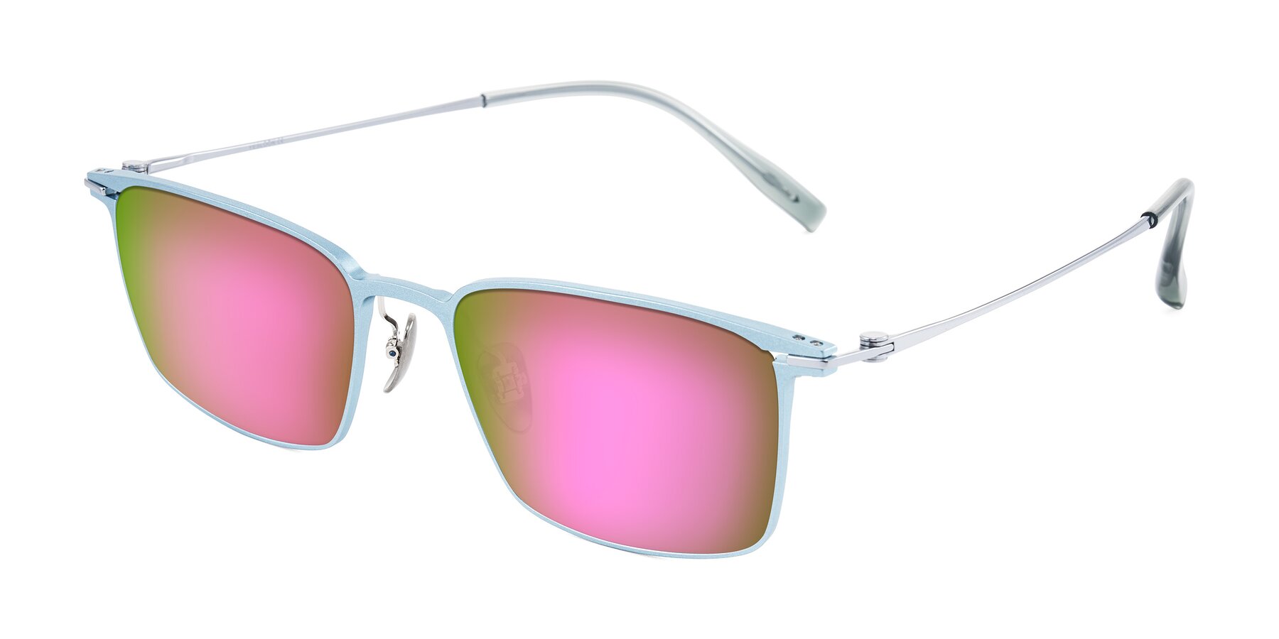 Angle of Ayla in Pastel Blue/Silver with Pink Mirrored Lenses