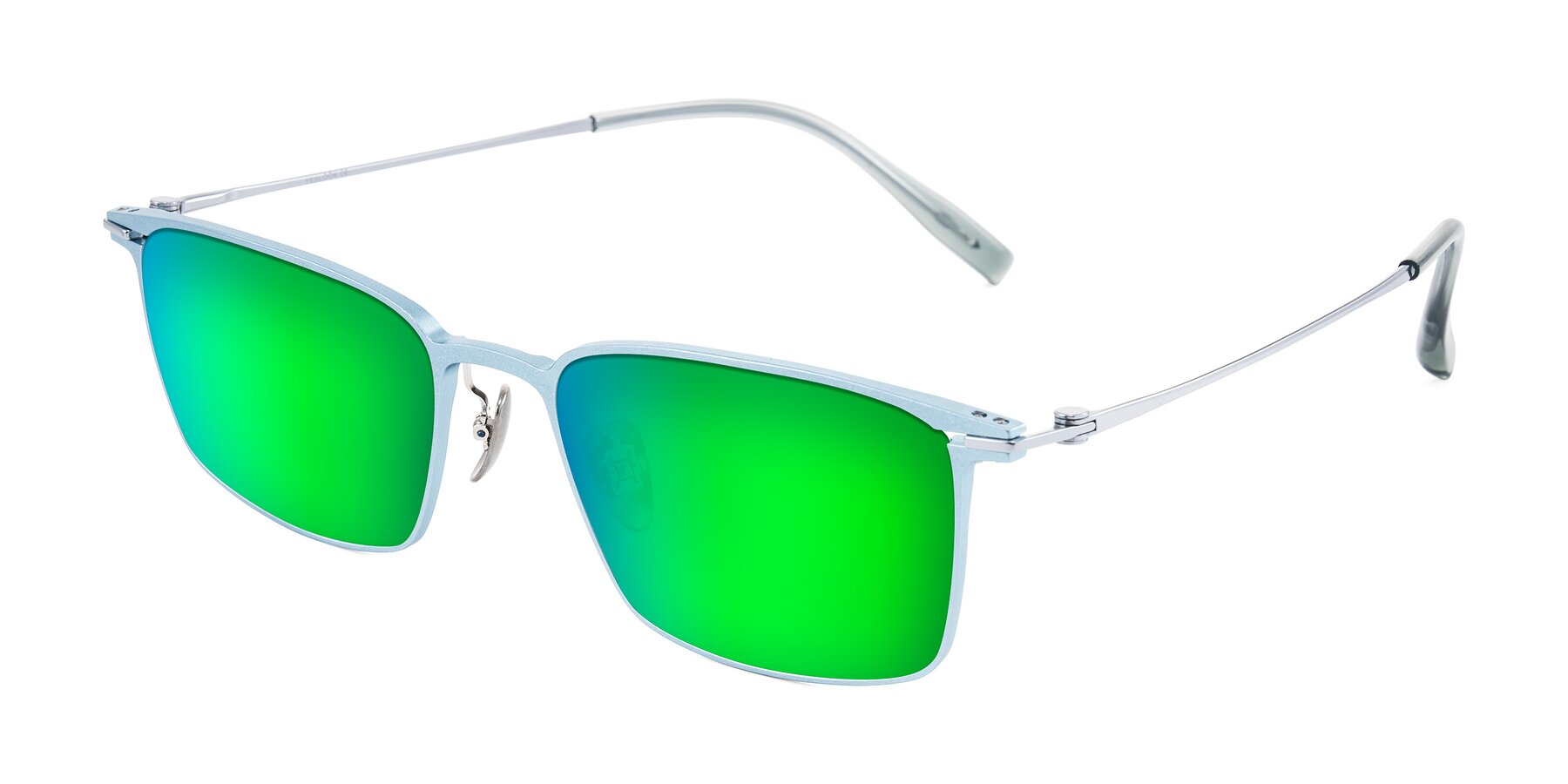 Angle of Ayla in Pastel Blue/Silver with Green Mirrored Lenses