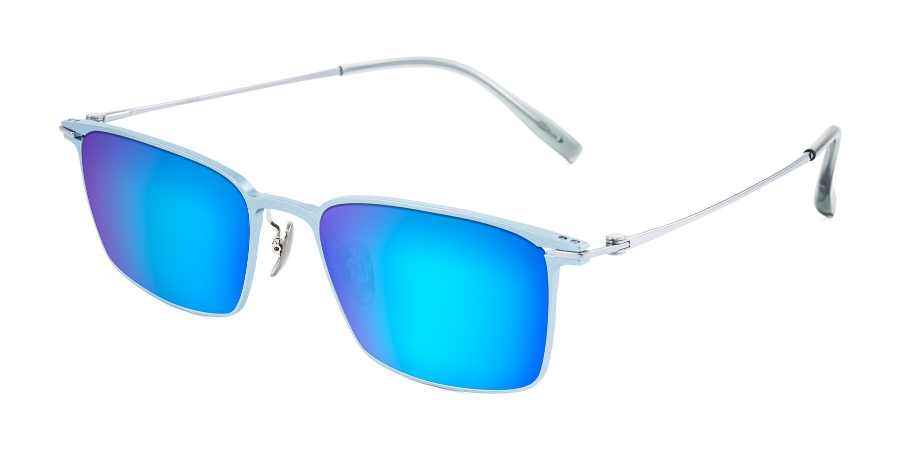 Angle of Ayla in Pastel Blue/Silver with Blue Mirrored Lenses