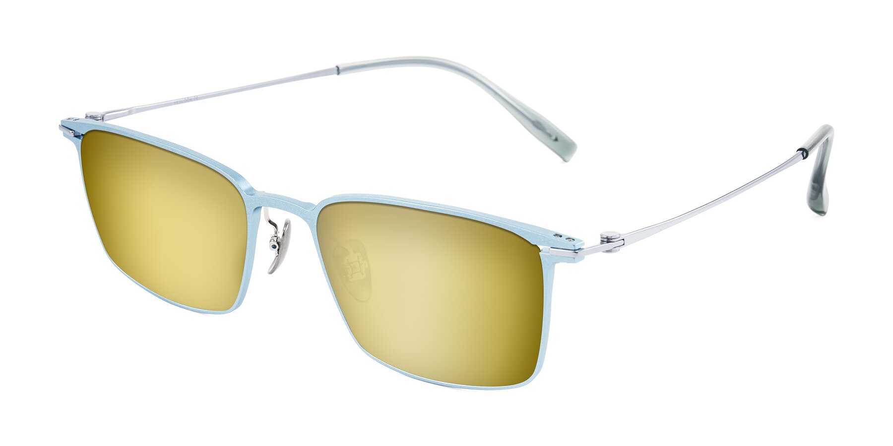 Angle of Ayla in Pastel Blue/Silver with Gold Mirrored Lenses