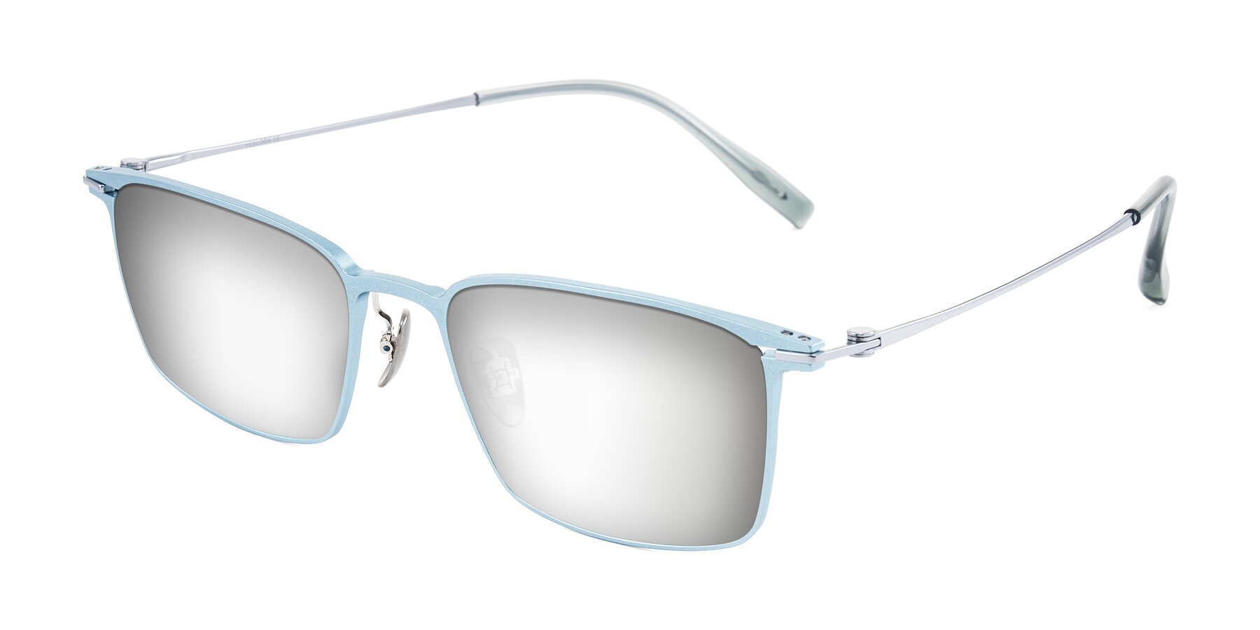 Angle of Ayla in Pastel Blue/Silver with Silver Mirrored Lenses