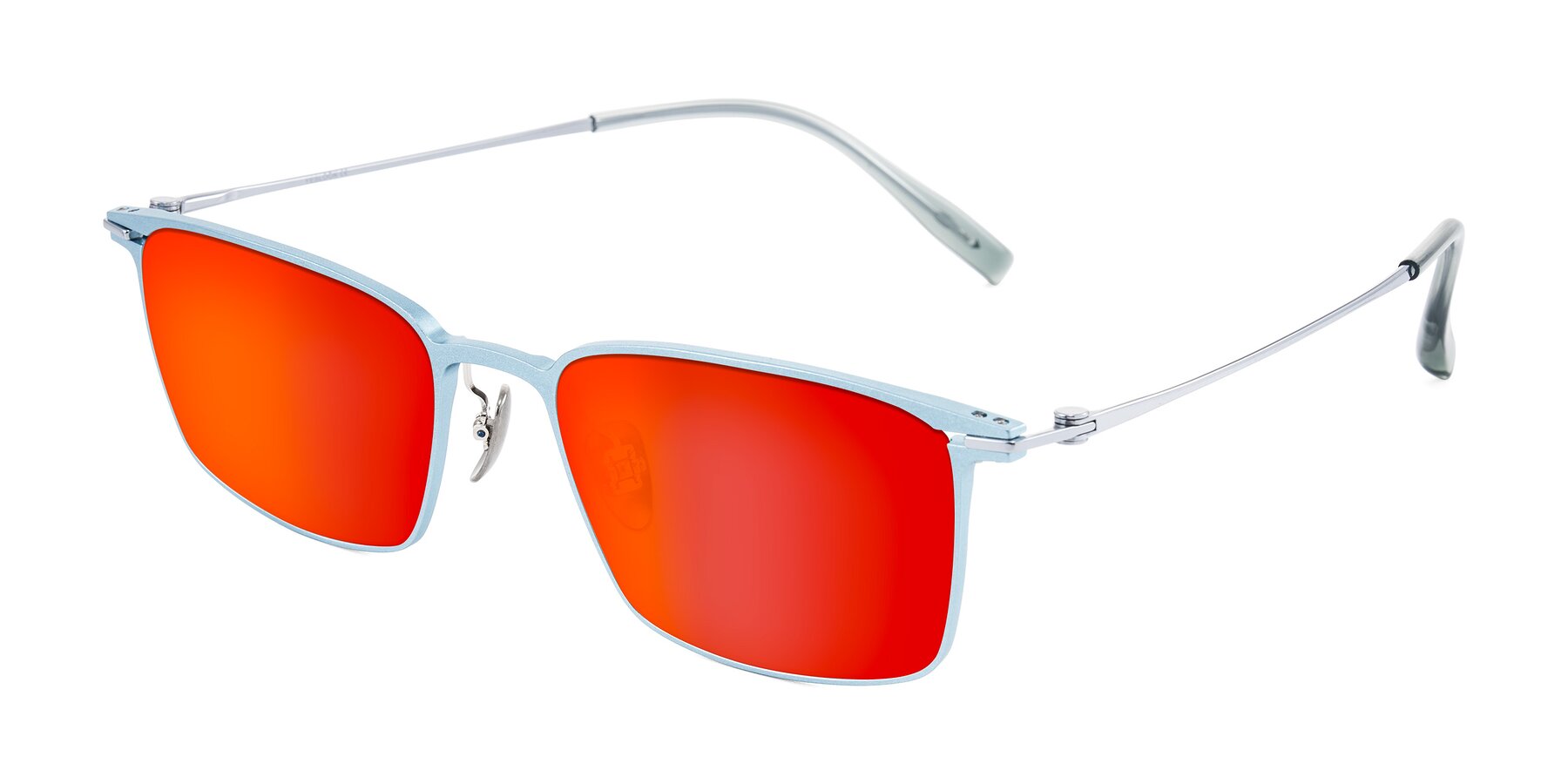 Angle of Ayla in Pastel Blue/Silver with Red Gold Mirrored Lenses
