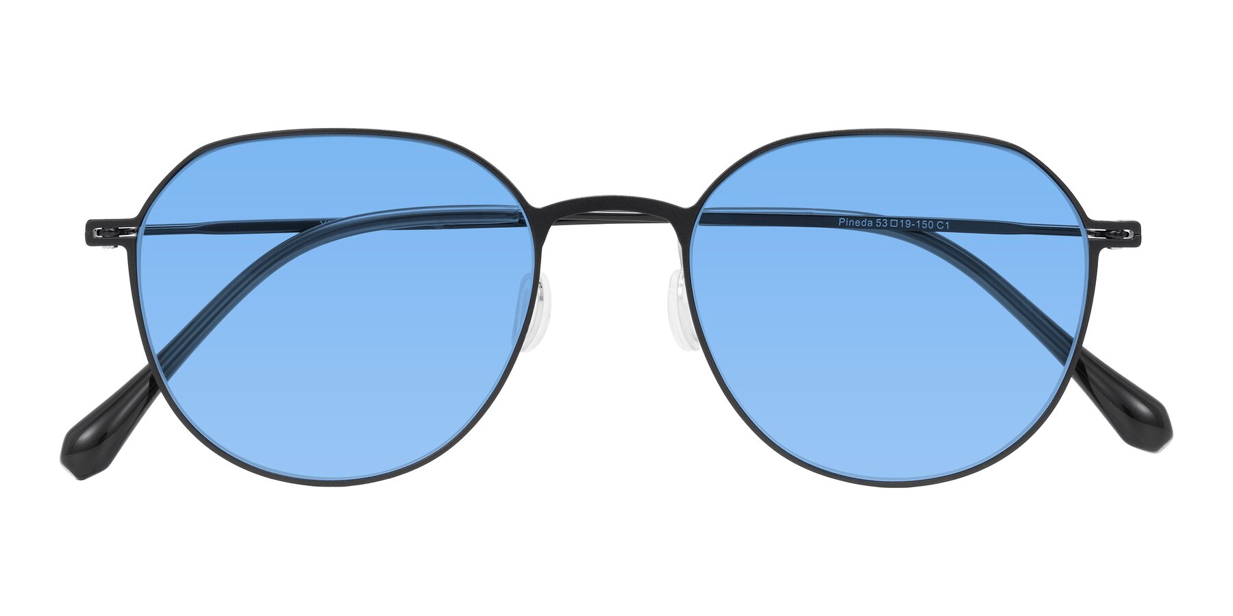 Folded Front of Pineda in Black with Medium Blue Tinted Lenses