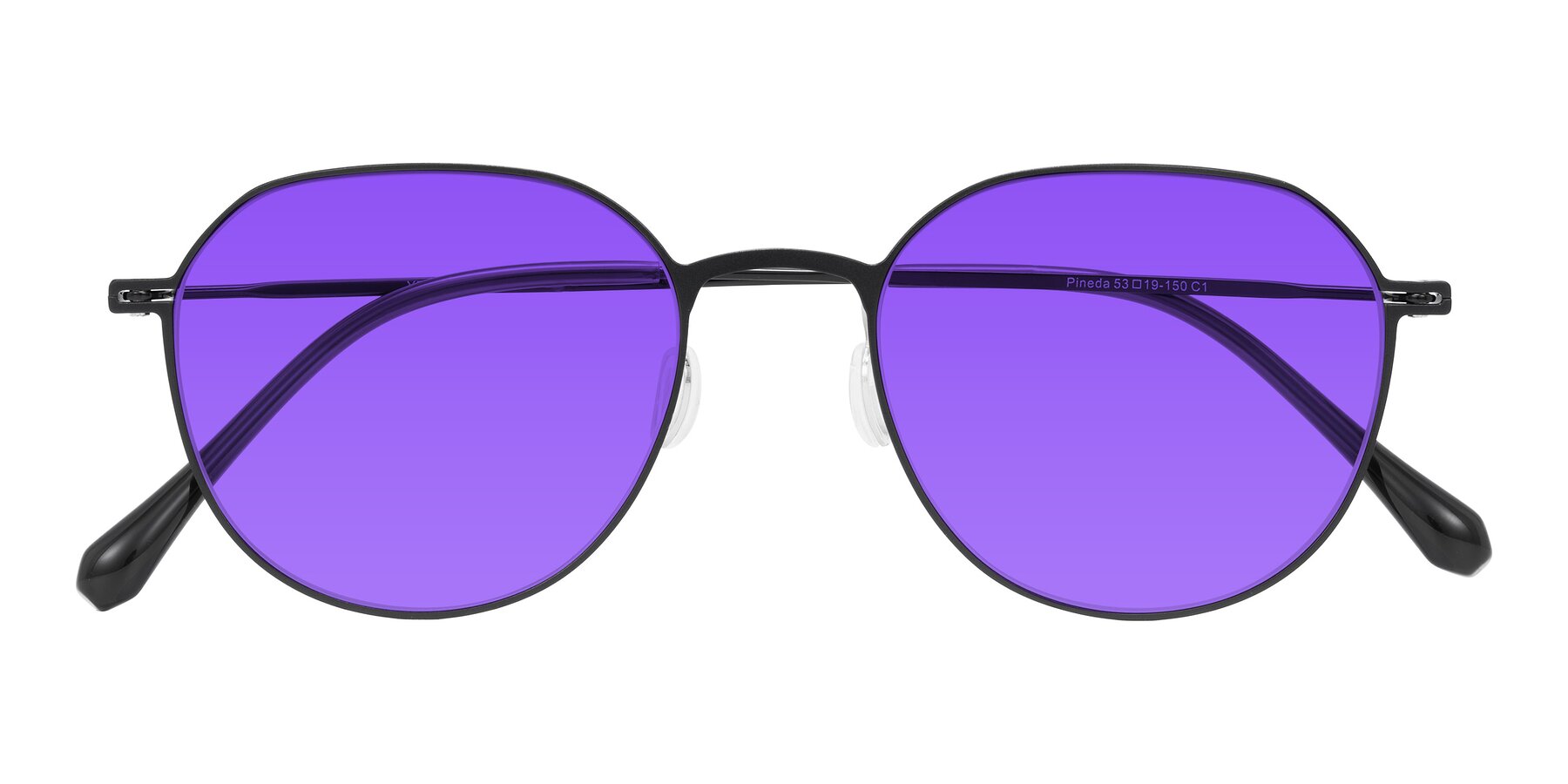 Folded Front of Pineda in Black with Purple Tinted Lenses