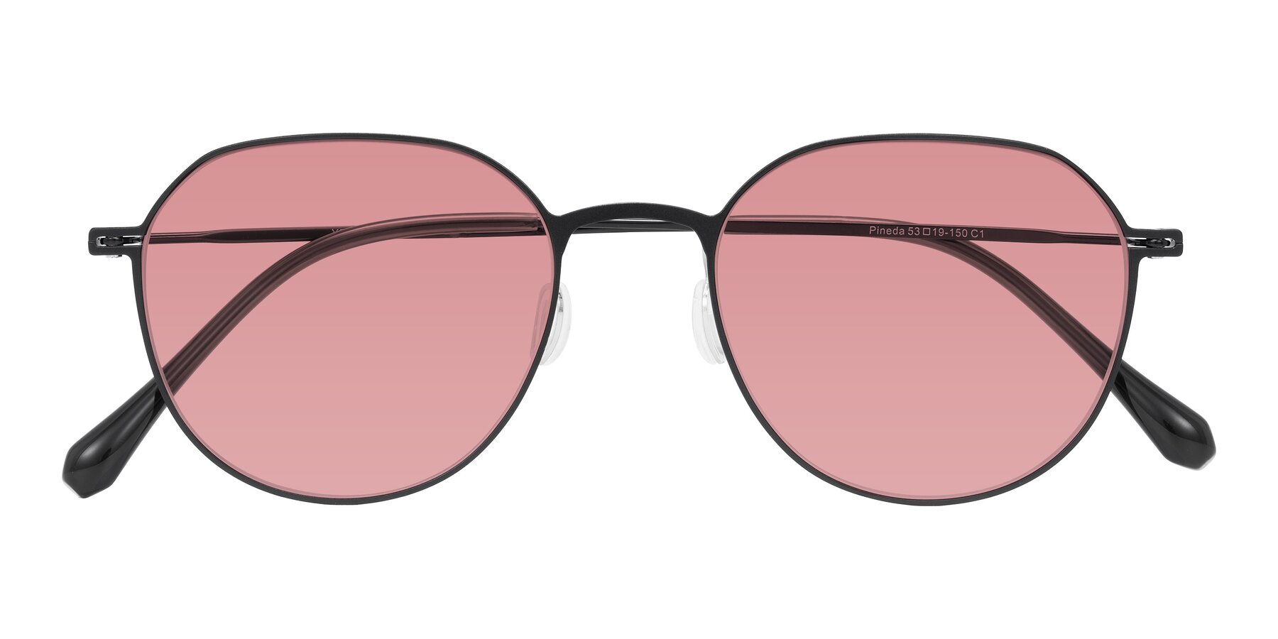 Folded Front of Pineda in Black with Medium Garnet Tinted Lenses