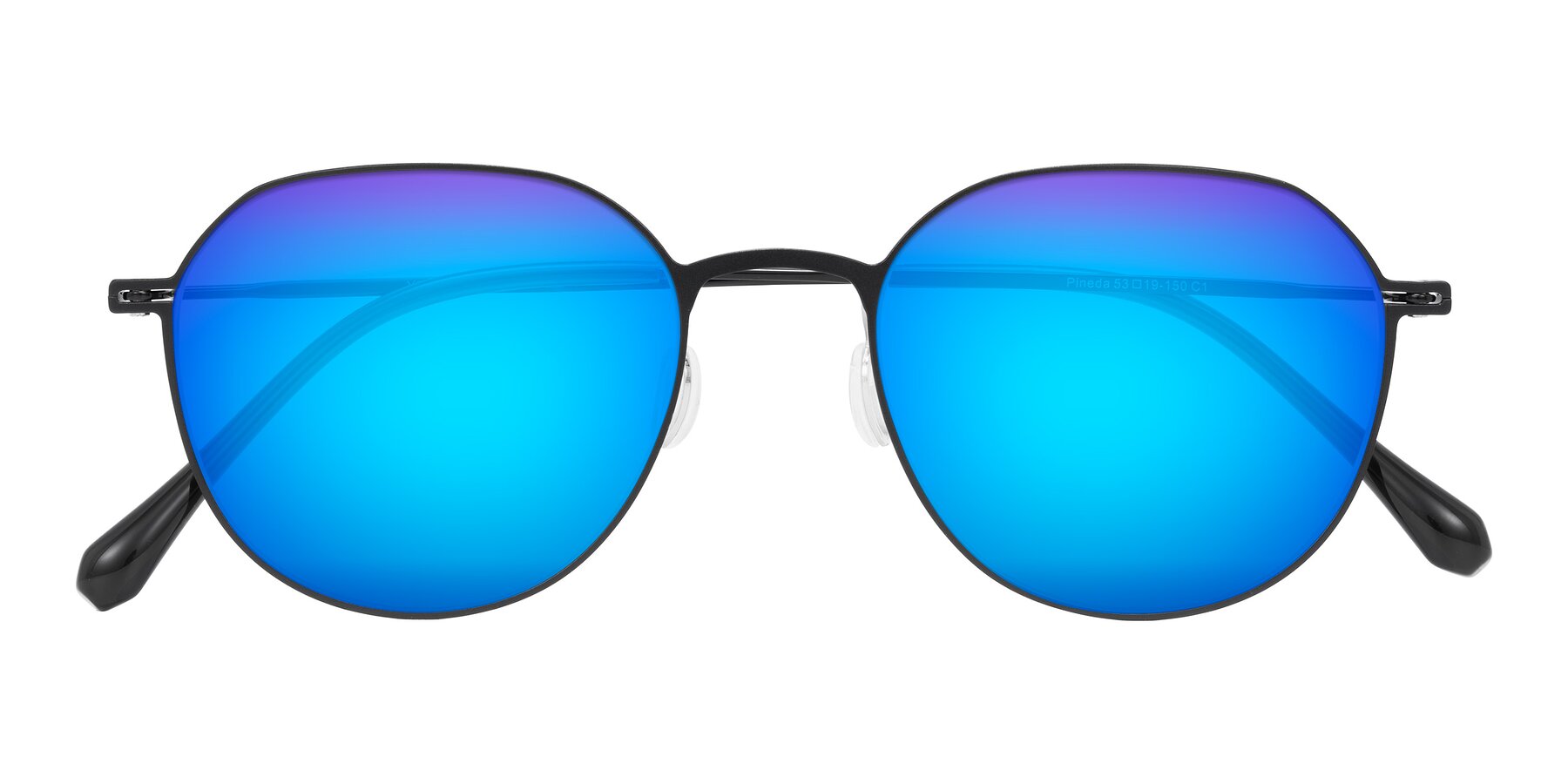 Folded Front of Pineda in Black with Blue Mirrored Lenses