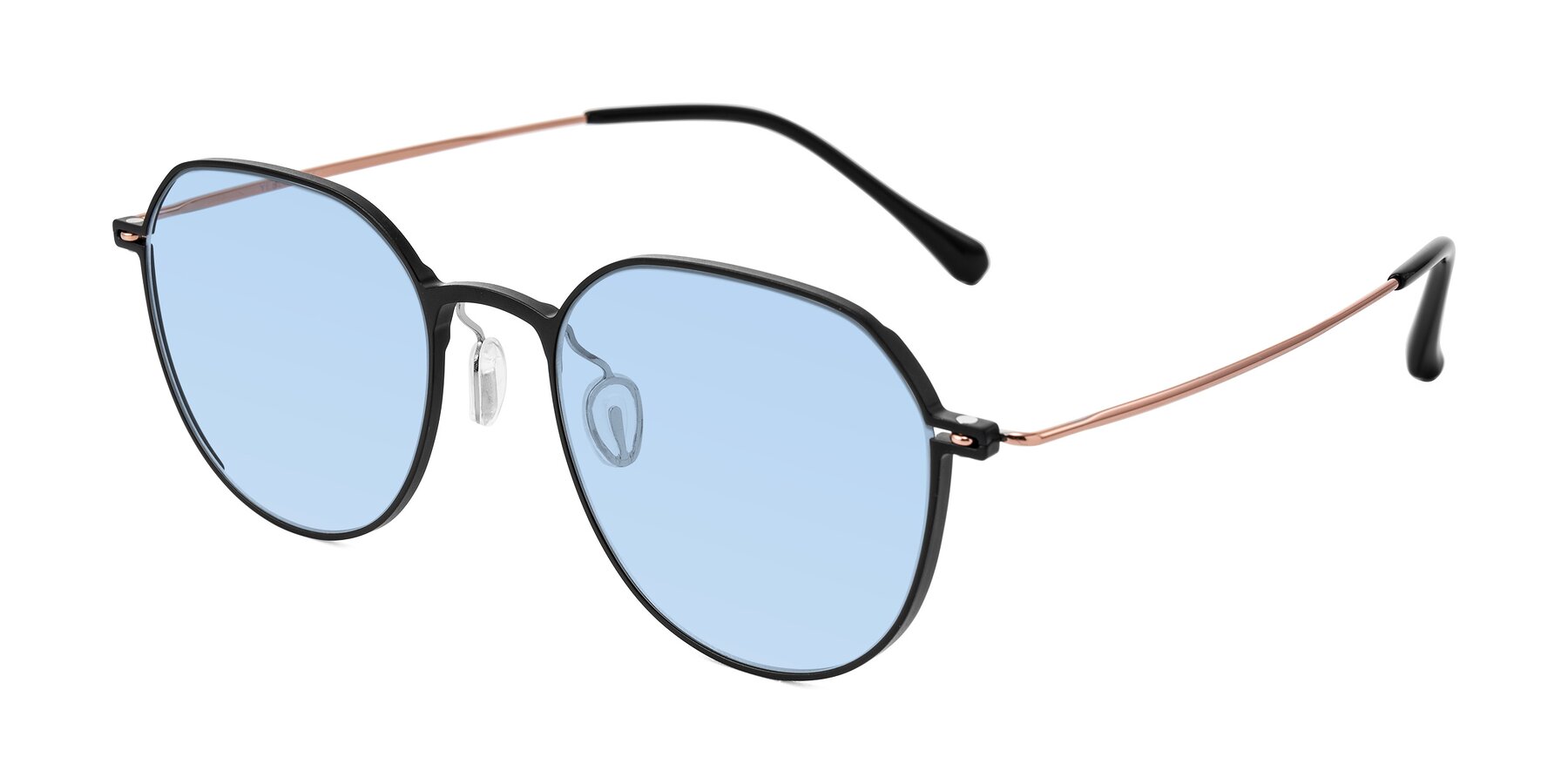 Angle of Pineda in Black/Rose Gold with Light Blue Tinted Lenses
