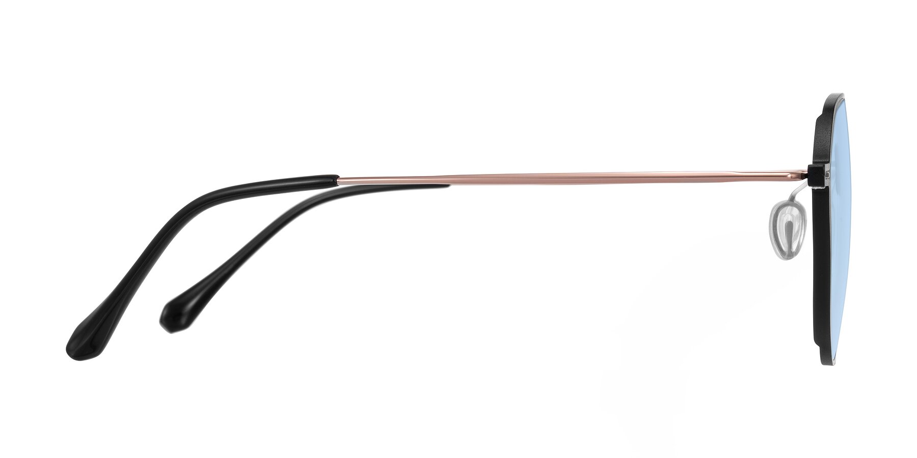 Side of Pineda in Black/Rose Gold with Light Blue Tinted Lenses