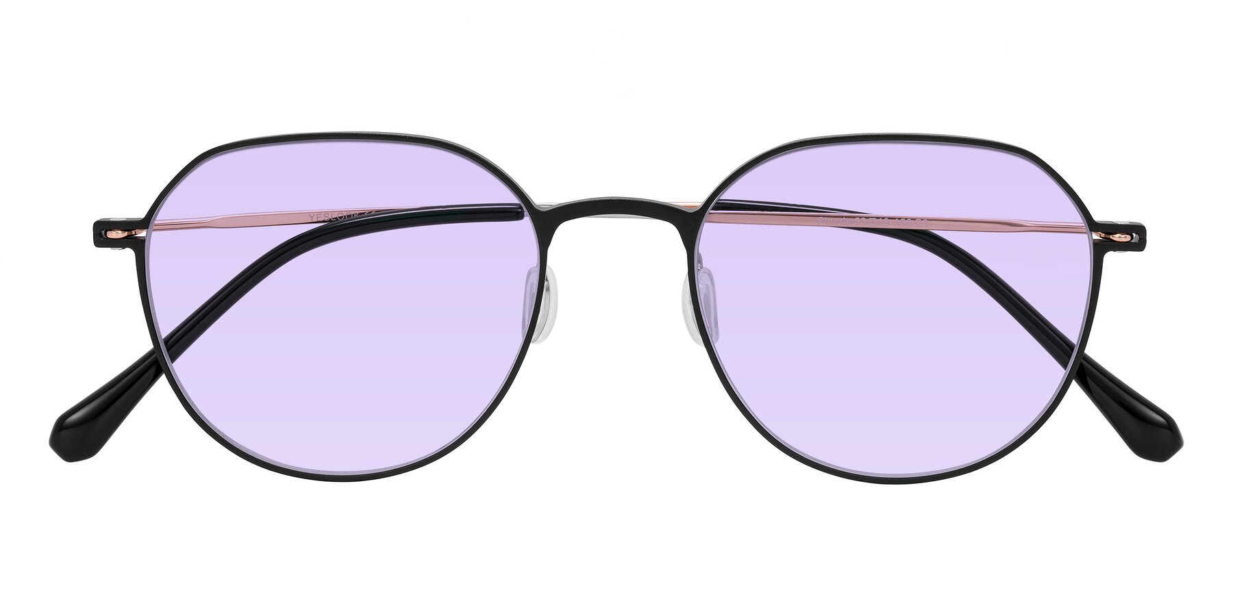 Folded Front of Pineda in Black/Rose Gold with Light Purple Tinted Lenses