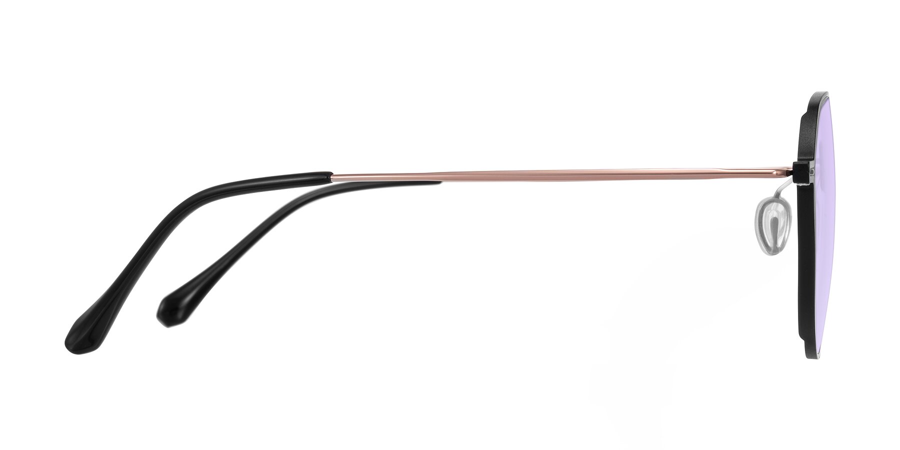 Side of Pineda in Black/Rose Gold with Light Purple Tinted Lenses