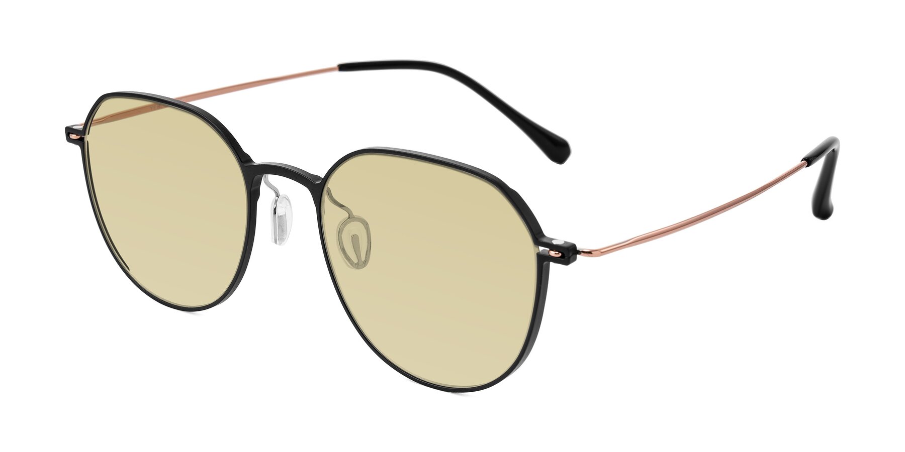 Angle of Pineda in Black/Rose Gold with Light Champagne Tinted Lenses