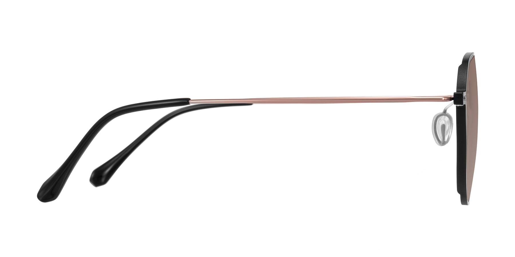 Side of Pineda in Black/Rose Gold with Medium Brown Tinted Lenses