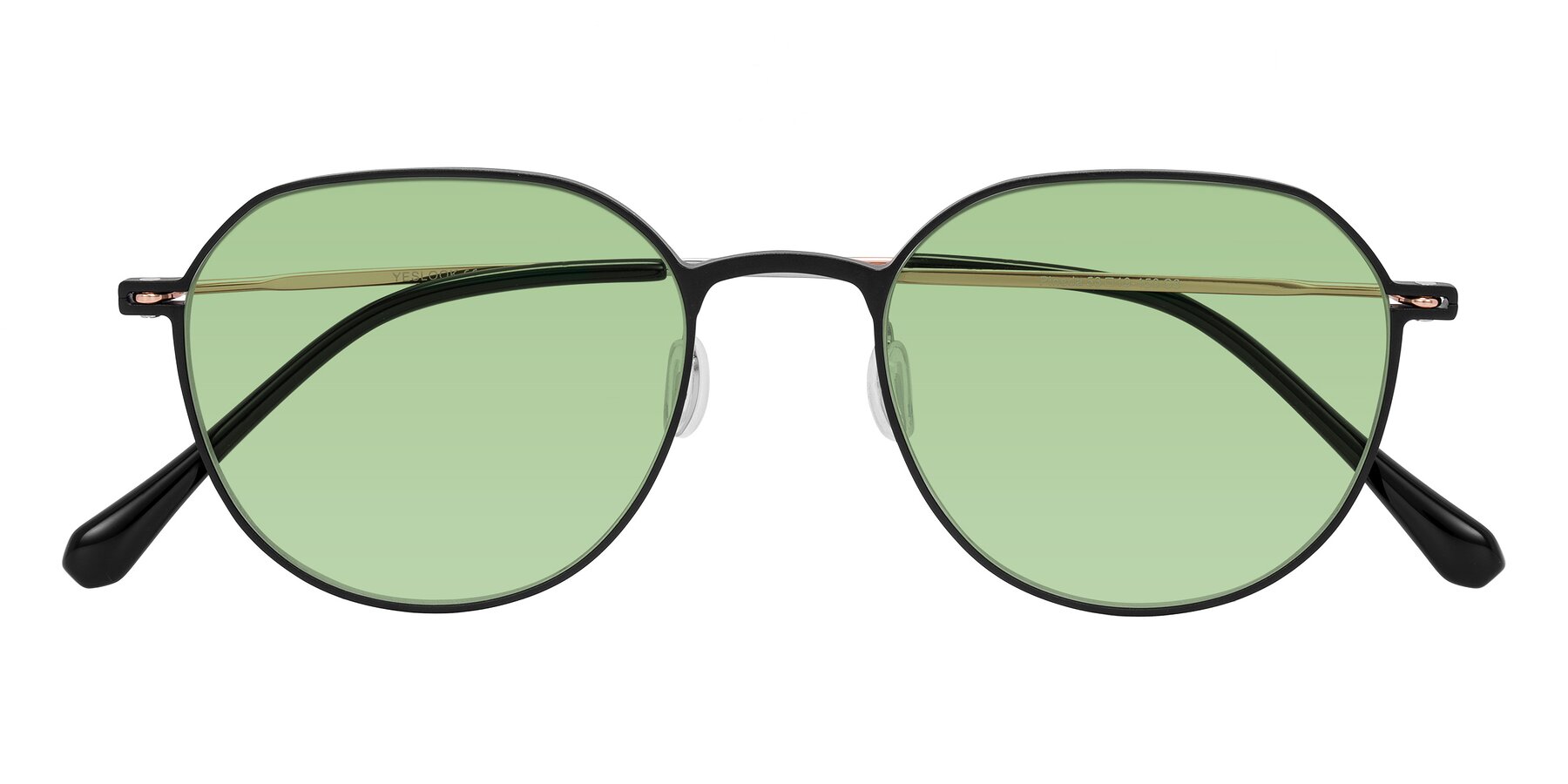 Folded Front of Pineda in Black/Rose Gold with Medium Green Tinted Lenses