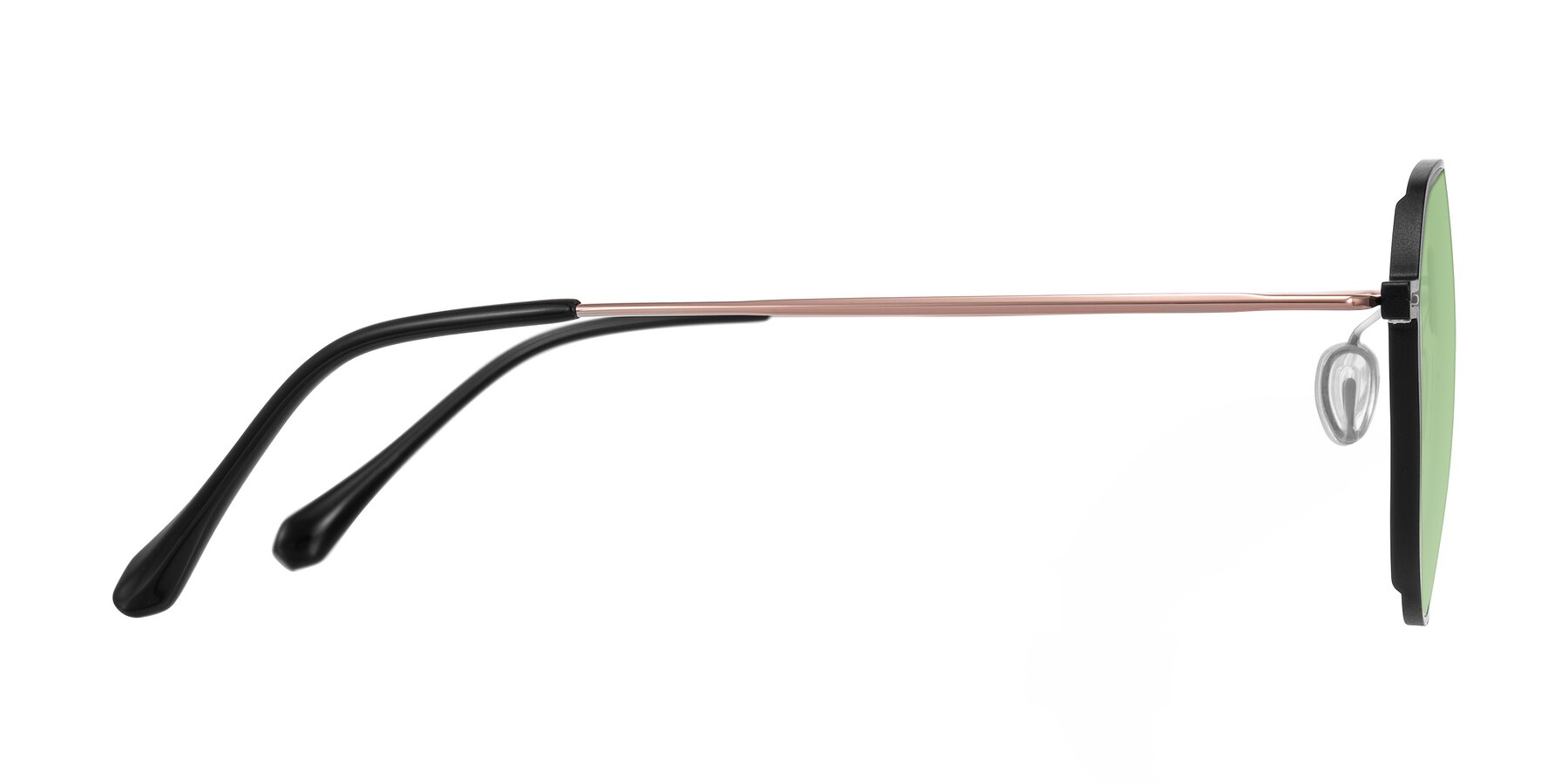 Side of Pineda in Black/Rose Gold with Medium Green Tinted Lenses