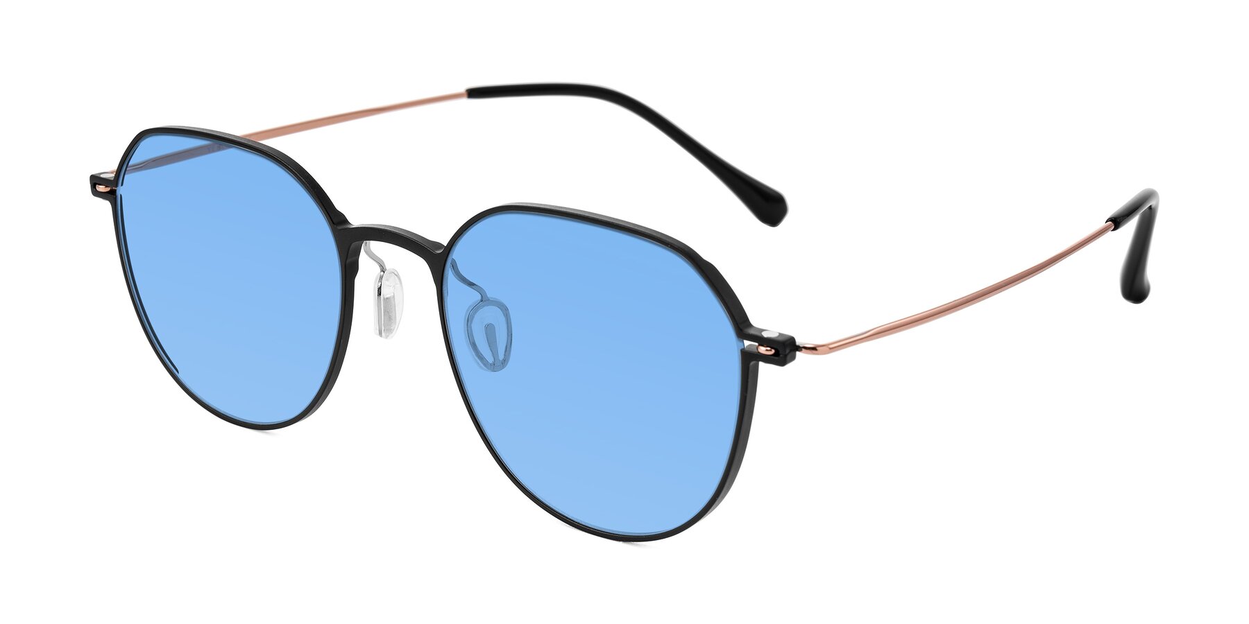 Angle of Pineda in Black/Rose Gold with Medium Blue Tinted Lenses