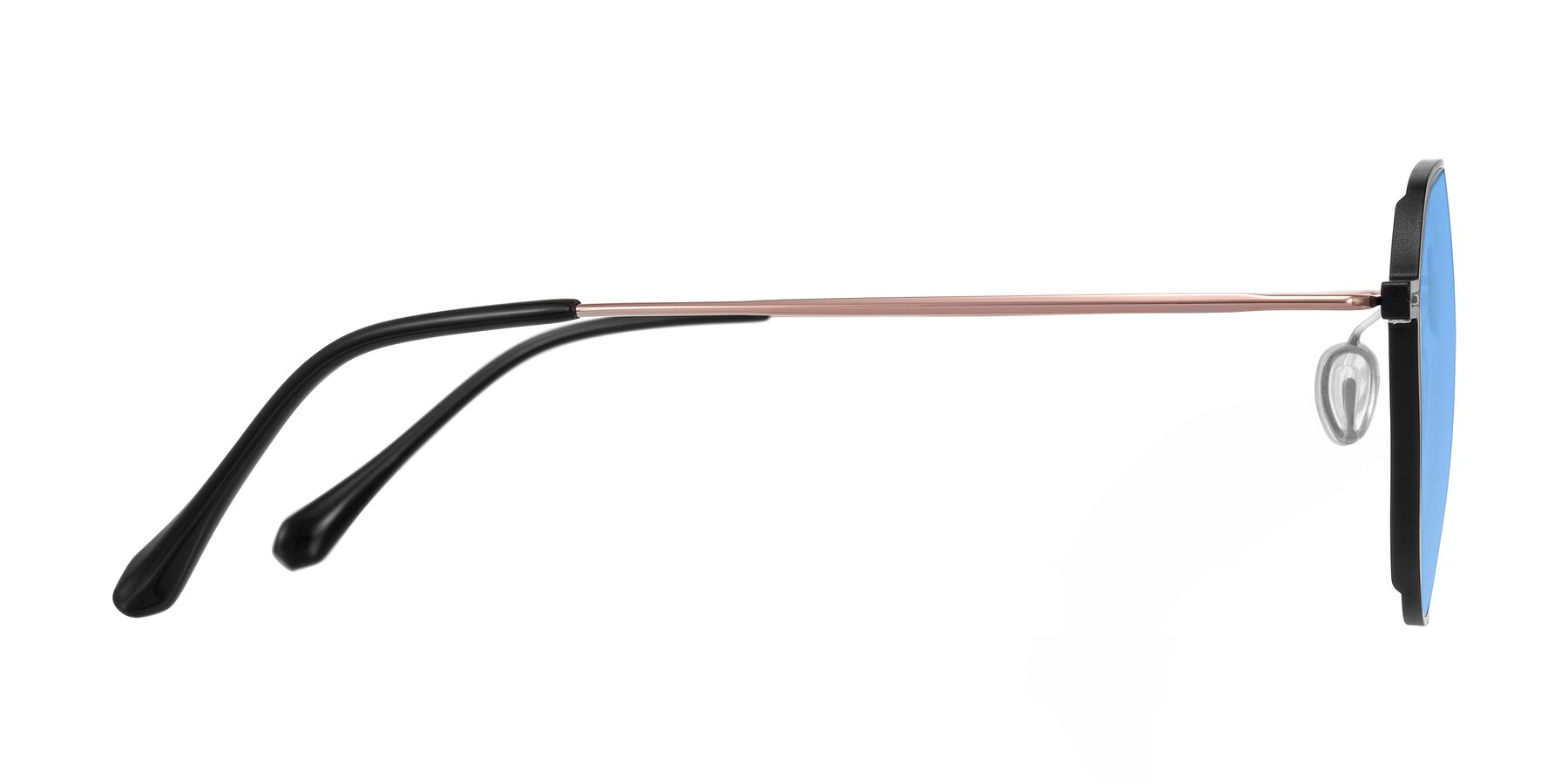 Side of Pineda in Black/Rose Gold with Medium Blue Tinted Lenses