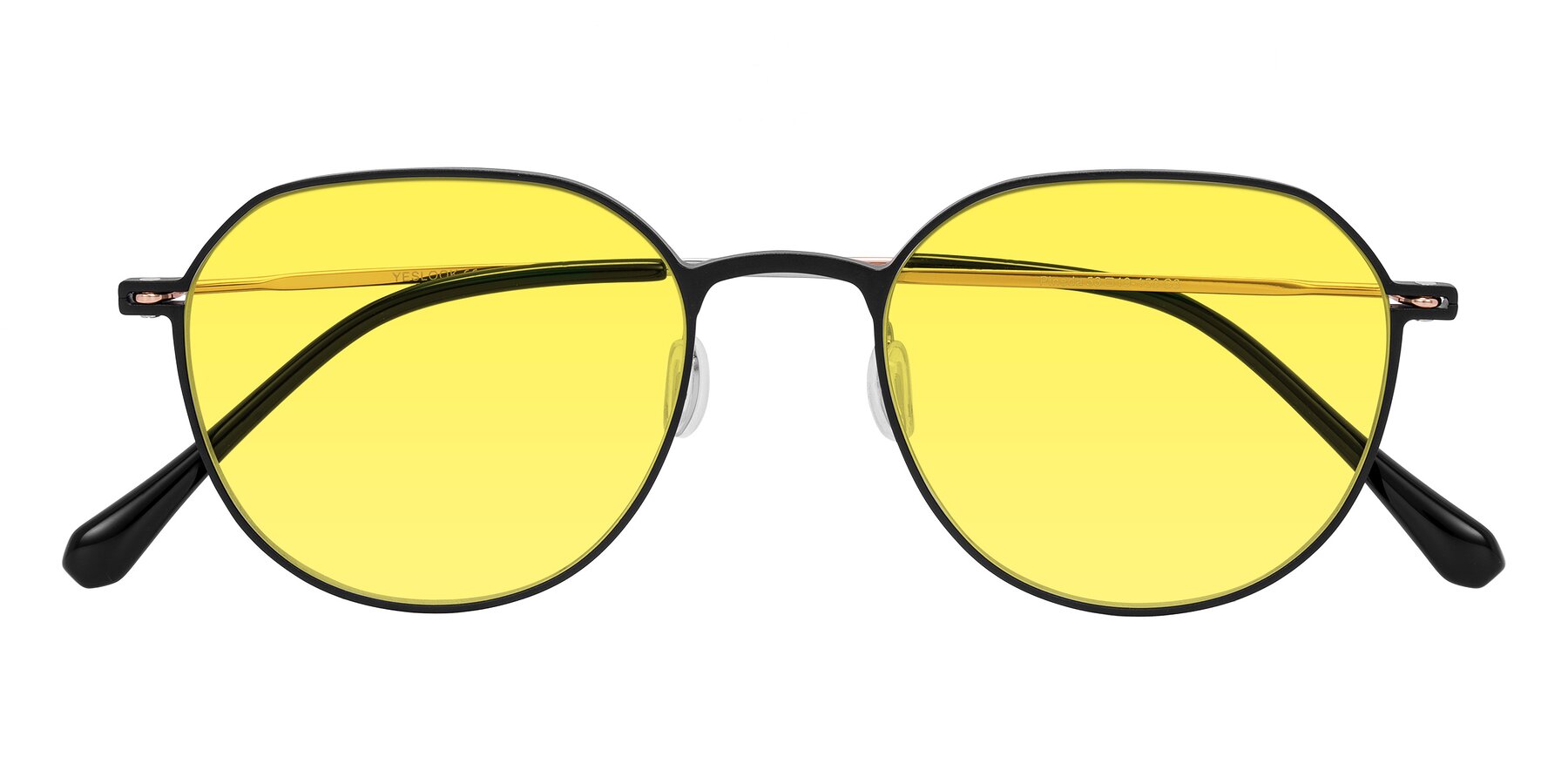 Folded Front of Pineda in Black/Rose Gold with Medium Yellow Tinted Lenses