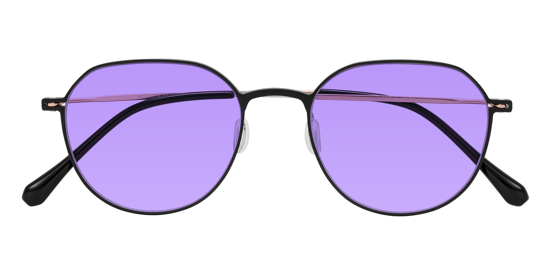 Folded Front of Pineda in Black/Rose Gold with Medium Purple Tinted Lenses