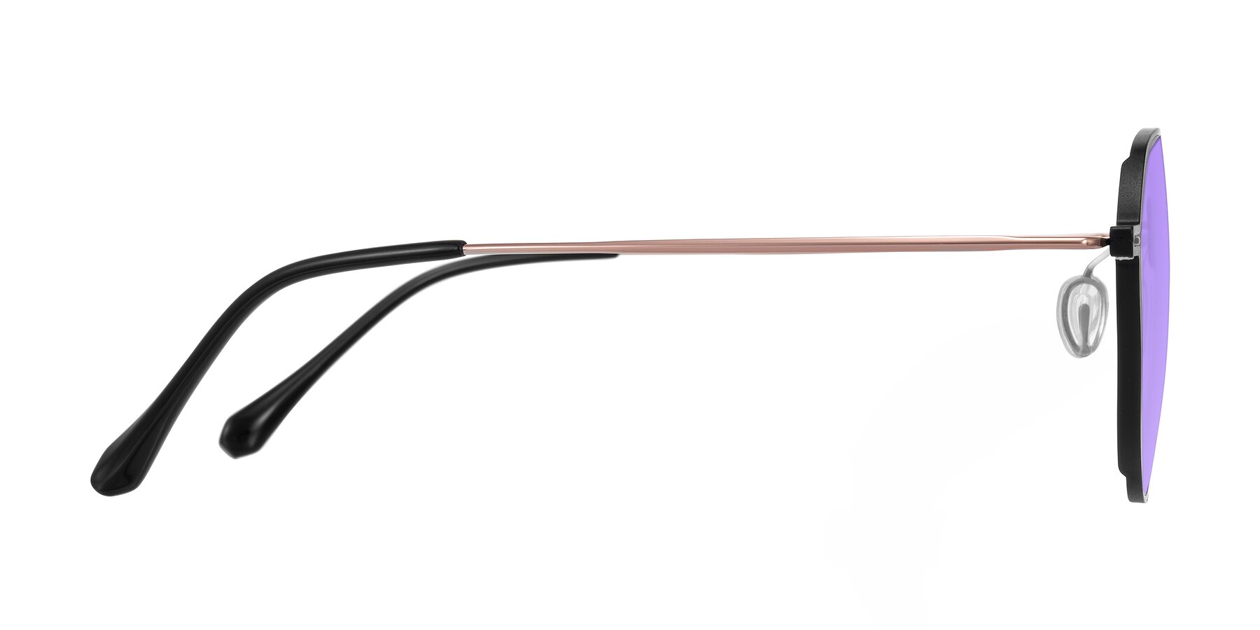 Side of Pineda in Black/Rose Gold with Medium Purple Tinted Lenses