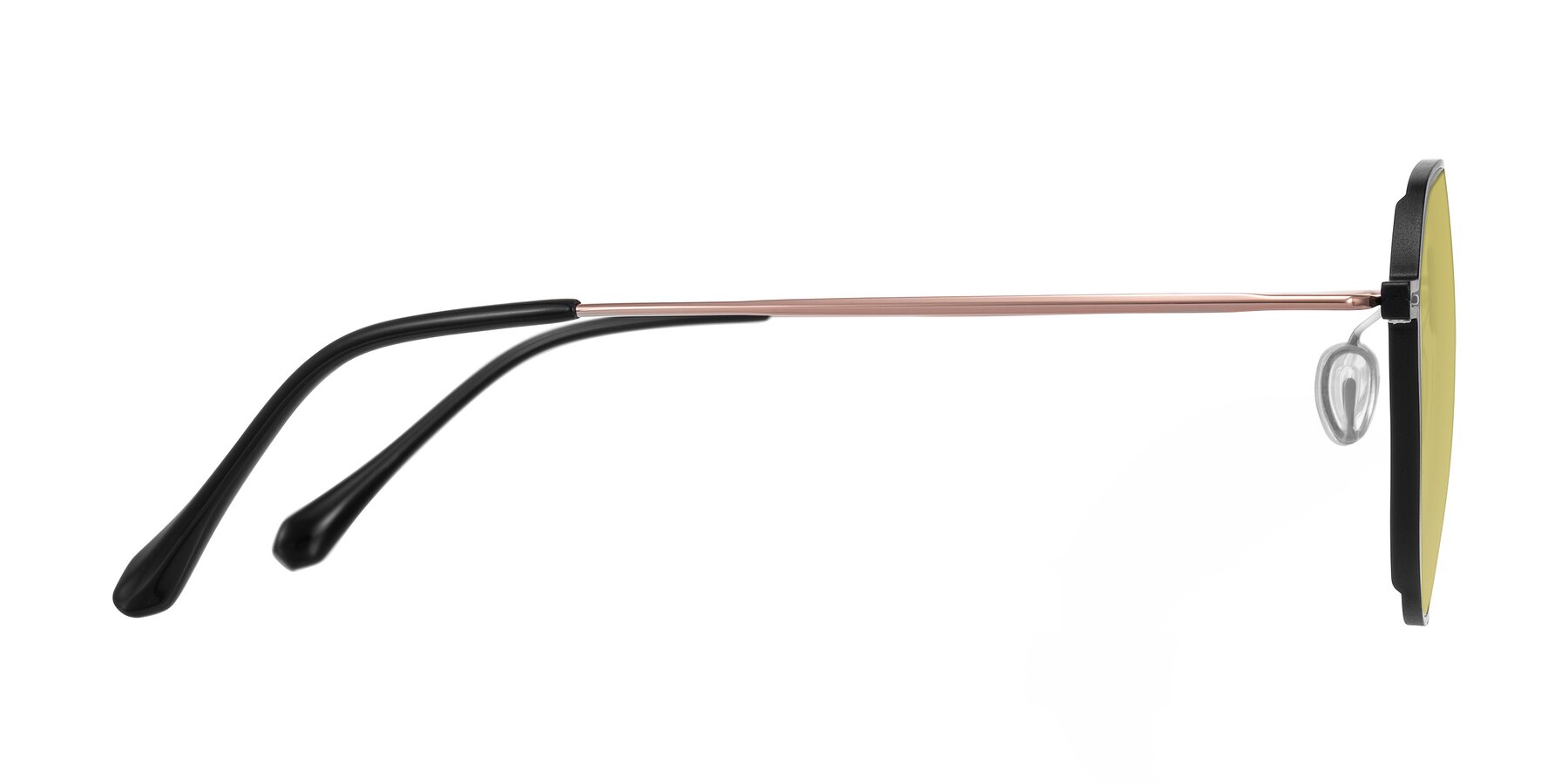 Side of Pineda in Black/Rose Gold with Medium Champagne Tinted Lenses